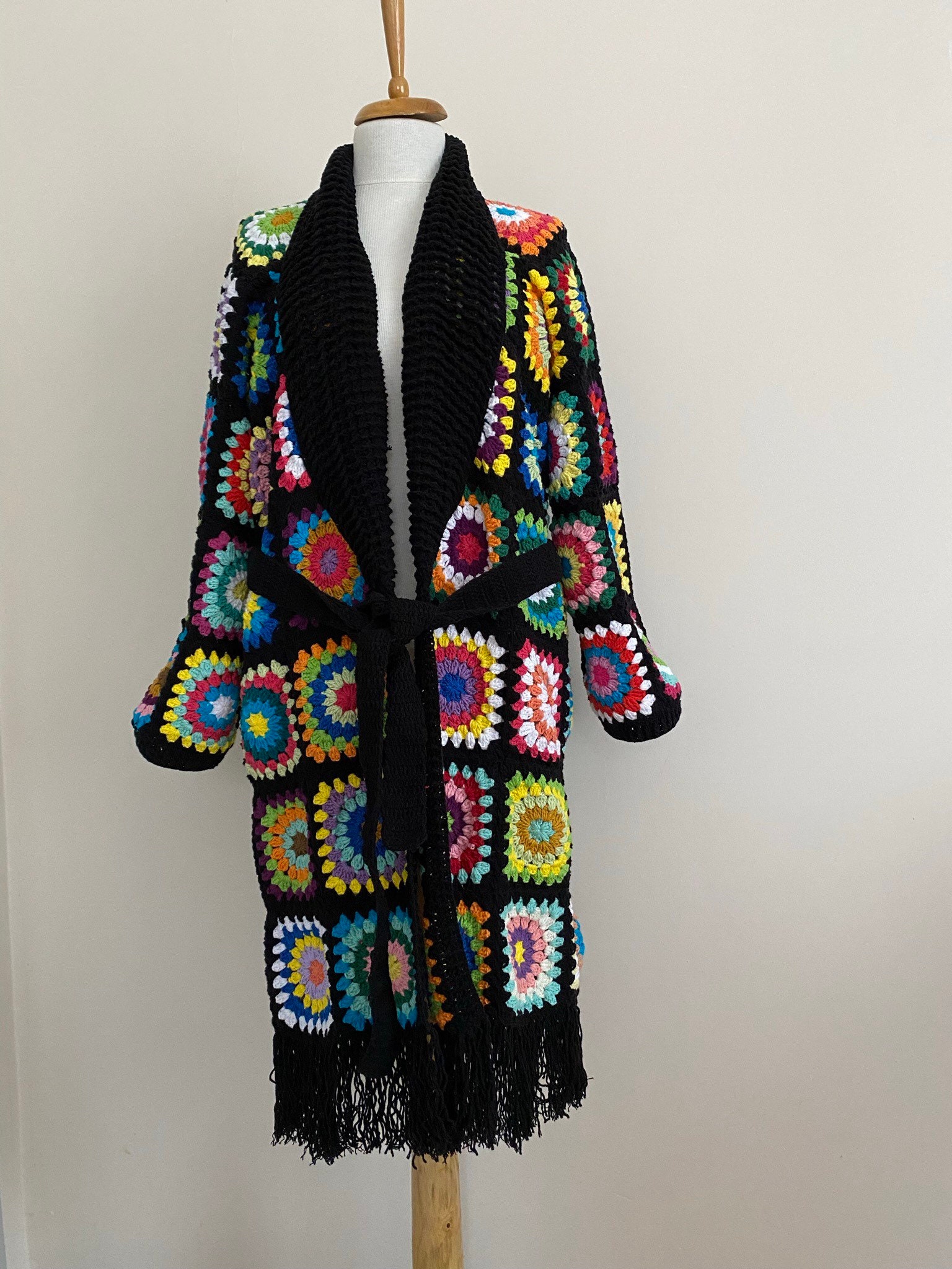 Granny Square V-neck Belted Tasseled Cardigan, Crochet Coat, Patchwork Cardigan, Hippie Sweater, ... — photo 6 of 10