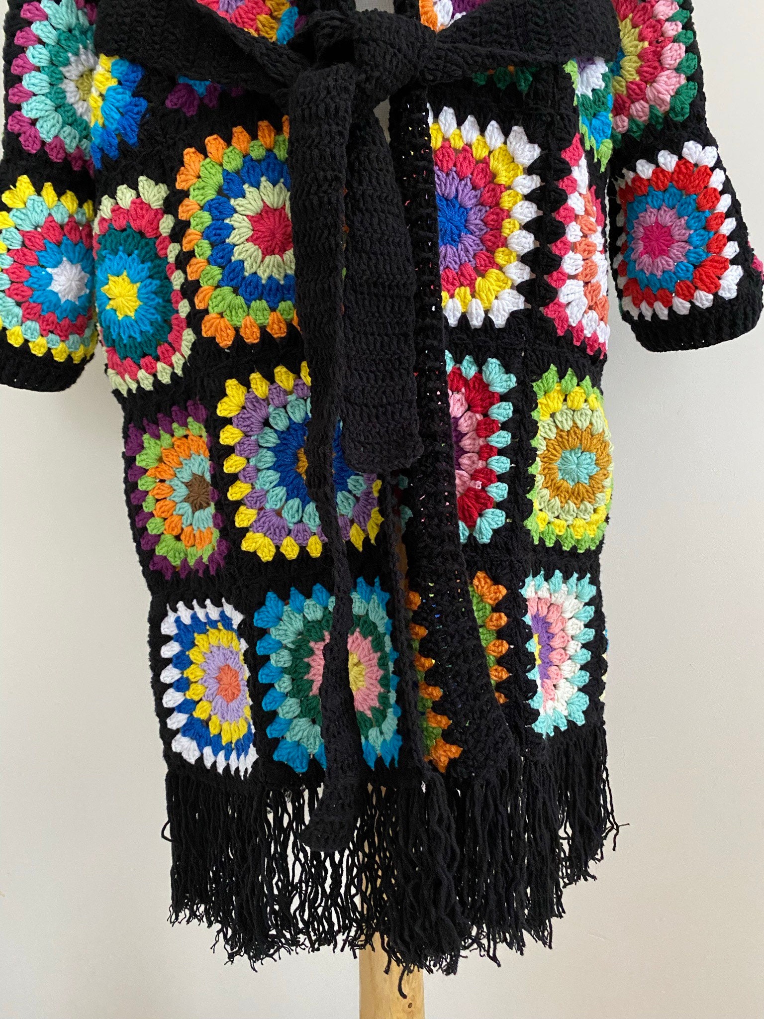 Granny Square V-neck Belted Tasseled Cardigan, Crochet Coat, Patchwork Cardigan, Hippie Sweater, ... — photo 4 of 10