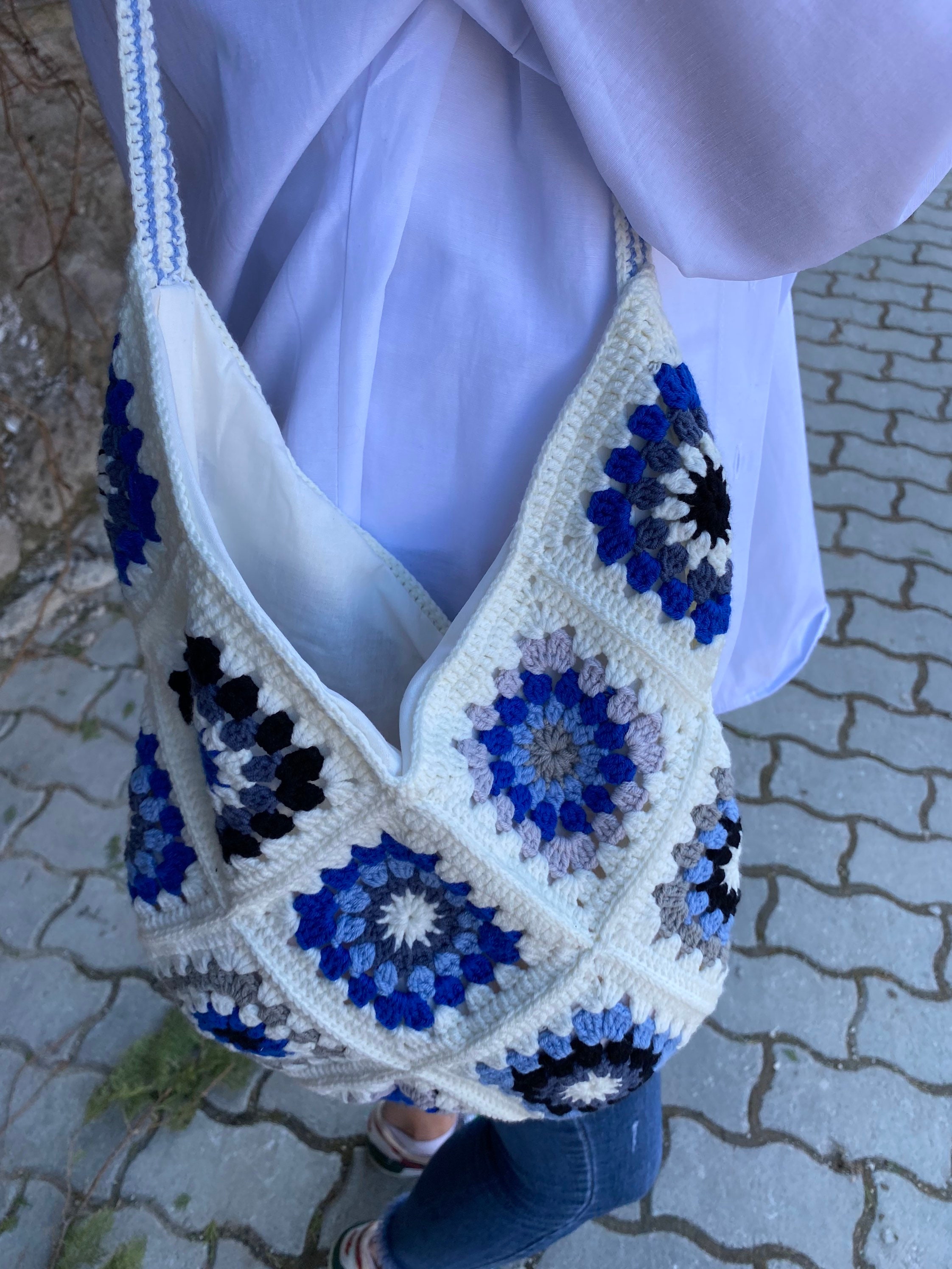 Granny Square White Blue Bag, Crochet Purse, Afgan Crochet Bag, Beach Bag, Summer Bag, Boho Bag, ... — photo 3 of 10