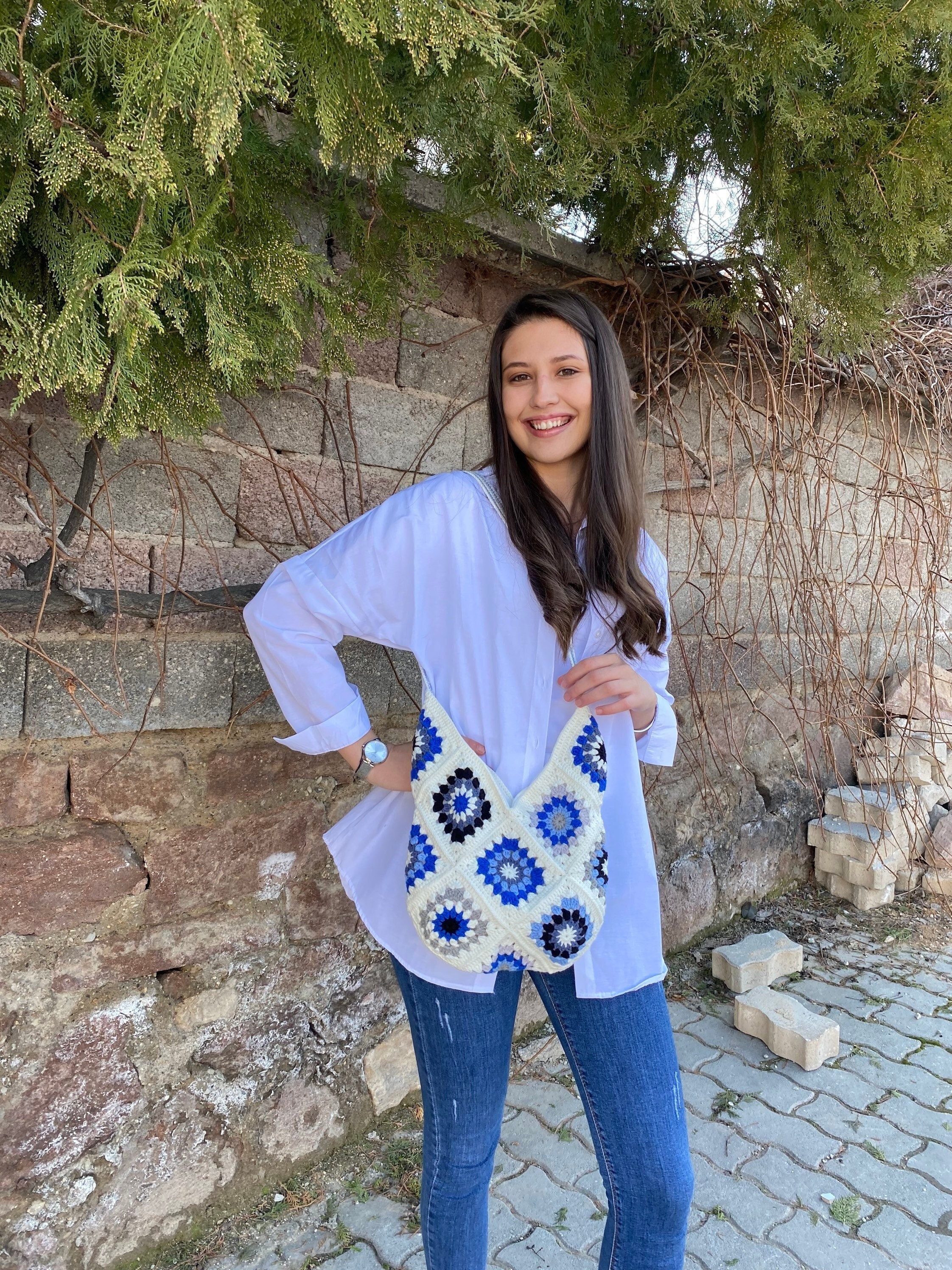 Granny Square White Blue Bag, Crochet Purse, Afgan Crochet Bag, Beach Bag, Summer Bag, Boho Bag, ... — photo 5 of 10