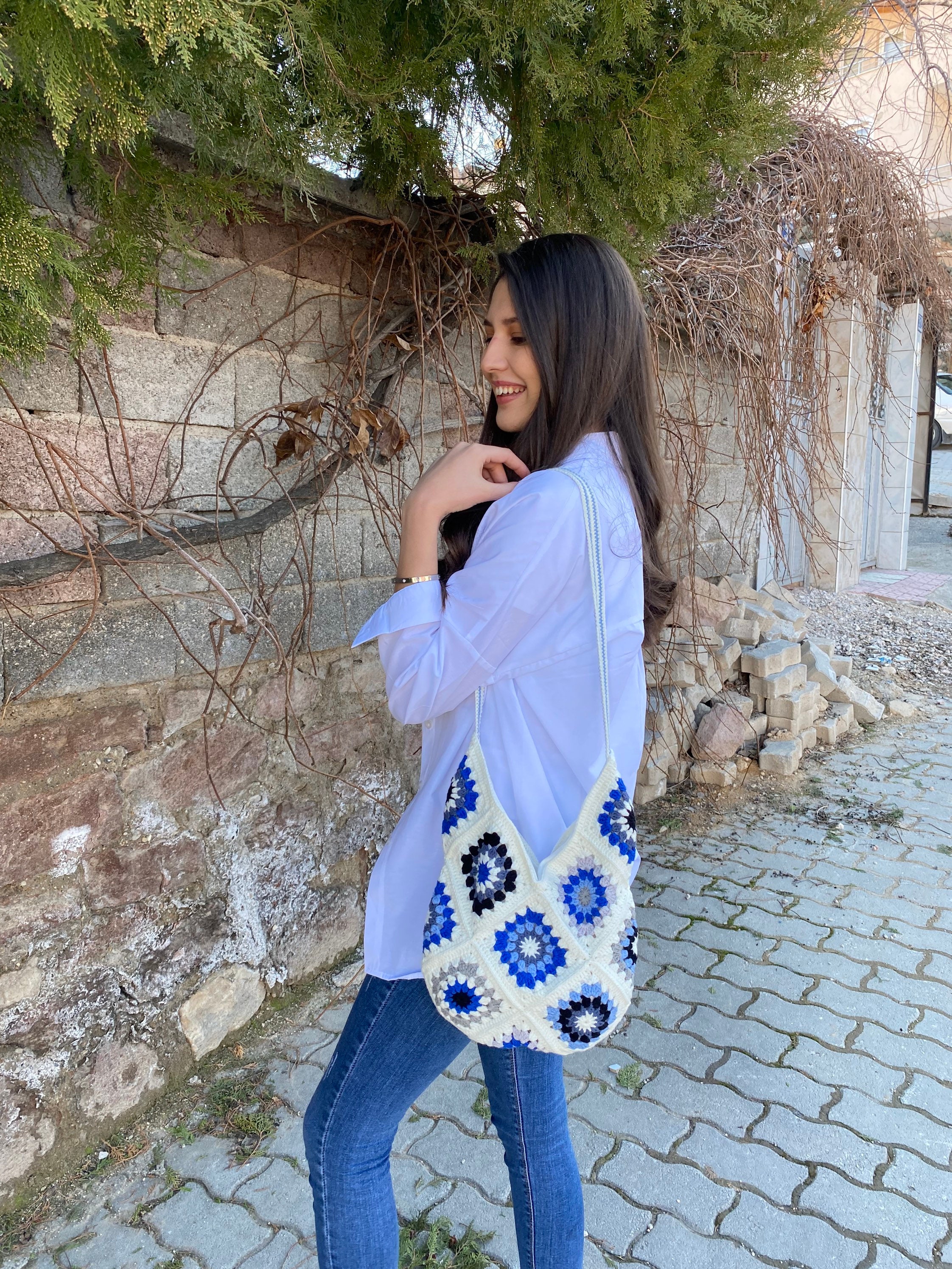 Granny Square White Blue Bag, Crochet Purse, Afgan Crochet Bag, Beach Bag, Summer Bag, Boho Bag, ... — photo 6 of 10