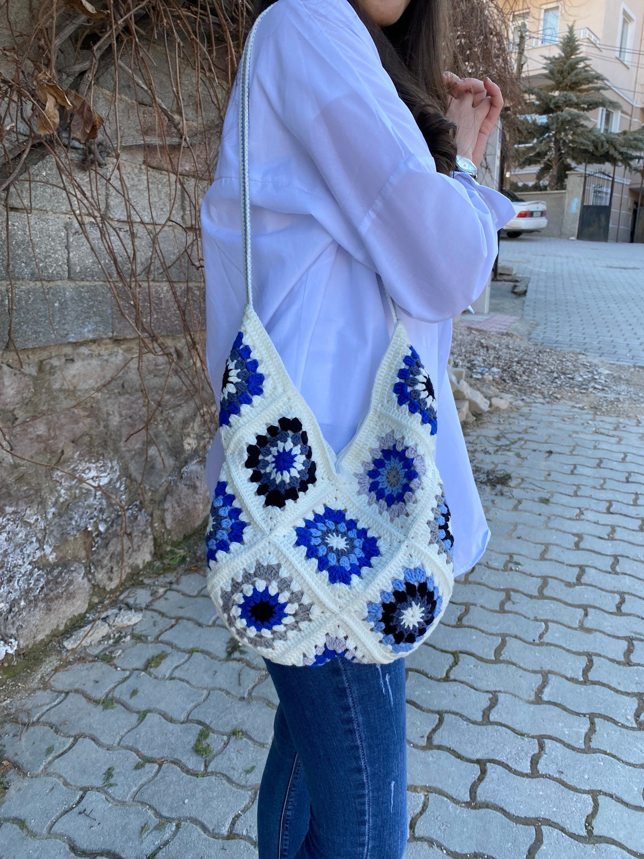 Granny Square White Blue Bag, Crochet Purse, Afgan Crochet Bag, Beach Bag, Summer Bag, Boho Bag, ... — photo 2 of 10