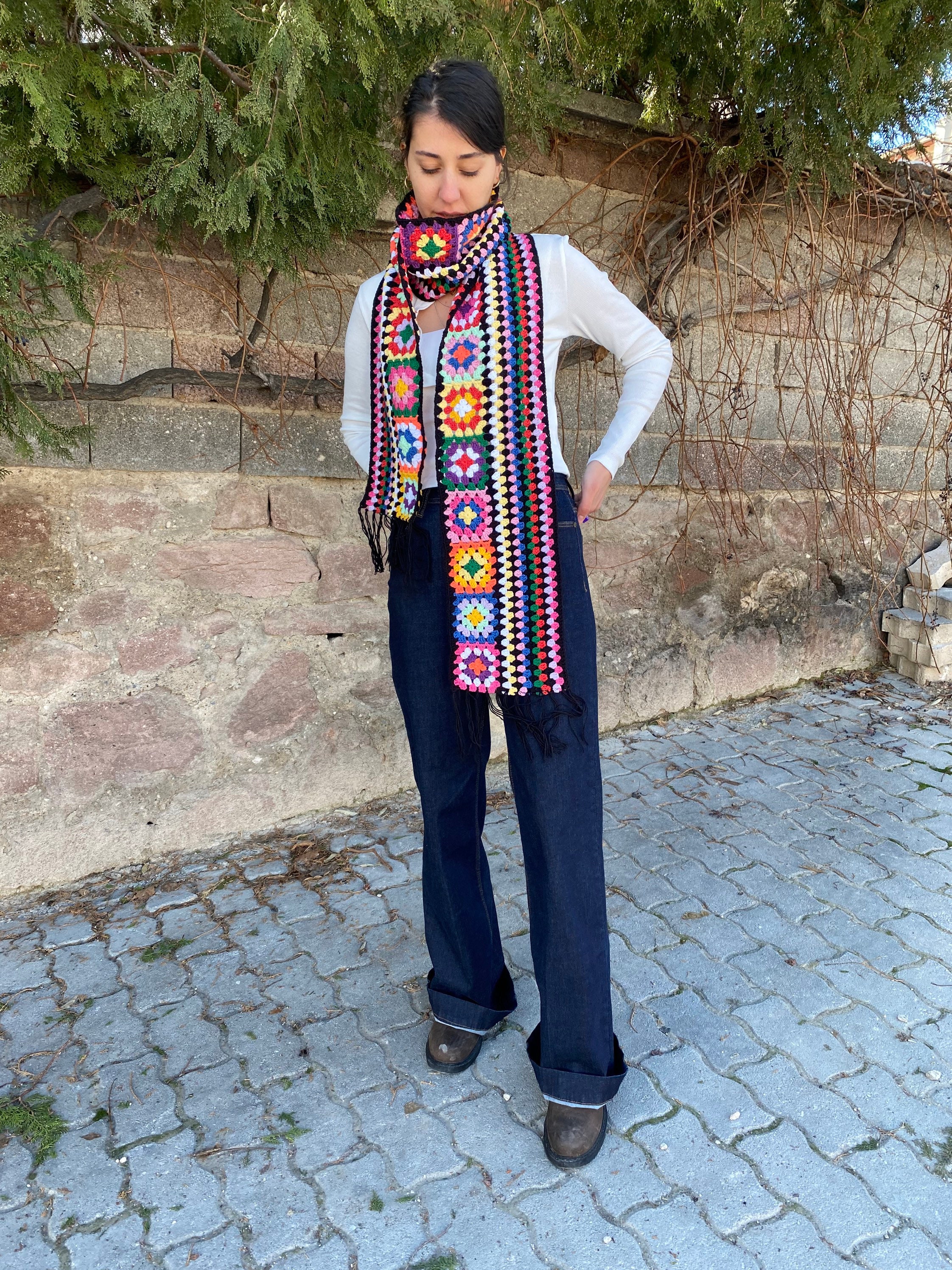 Hippie Scarf, Granny Square Scarf, Boho Scarf, Granny Square Shawl, Long Patchwork Scarf, Knit Af... — photo 7 of 9