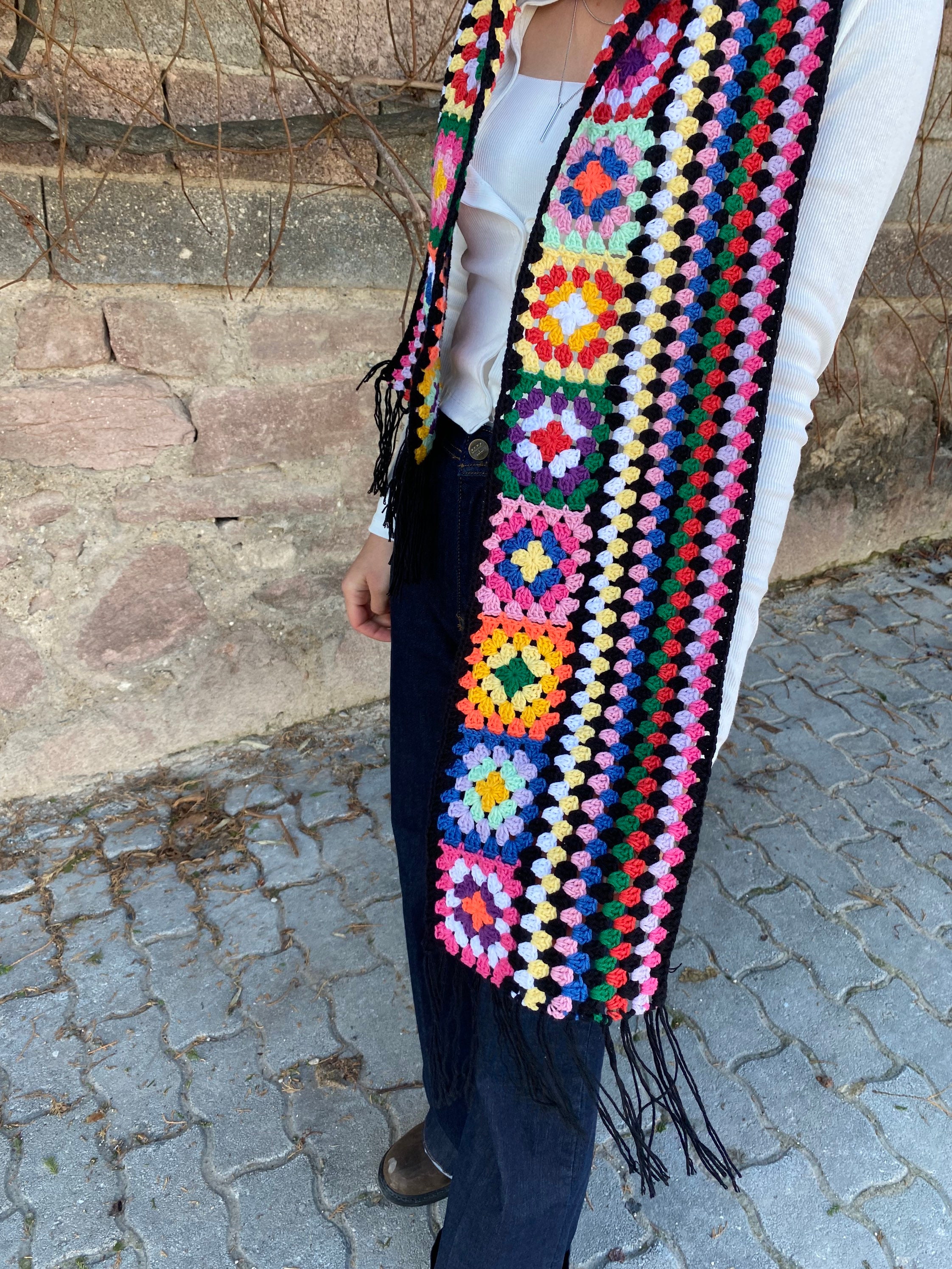 Hippie Scarf, Granny Square Scarf, Boho Scarf, Granny Square Shawl, Long Patchwork Scarf, Knit Af... — photo 4 of 9