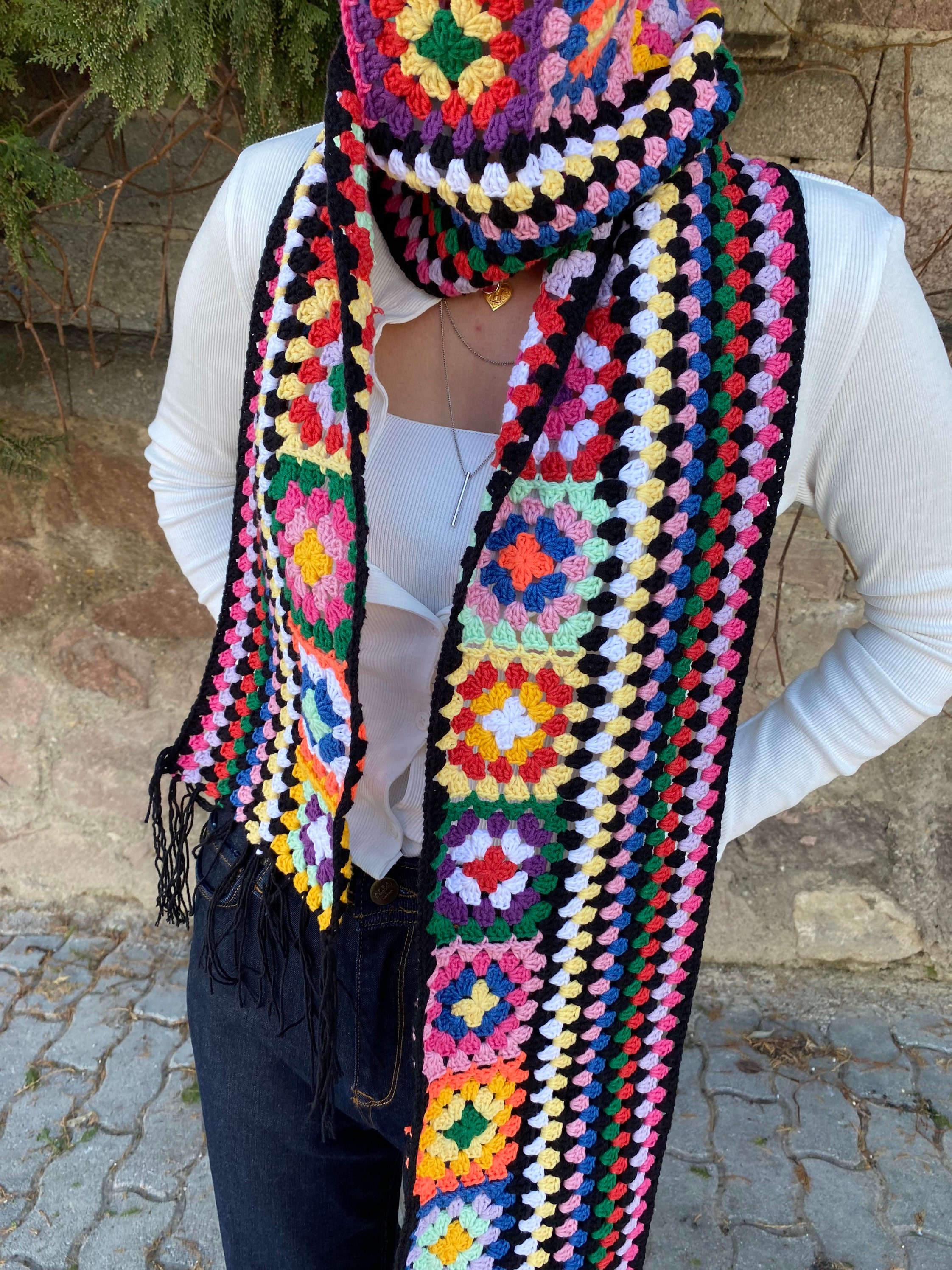 Hippie Scarf, Granny Square Scarf, Boho Scarf, Granny Square Shawl, Long Patchwork Scarf, Knit Af... — photo 2 of 9