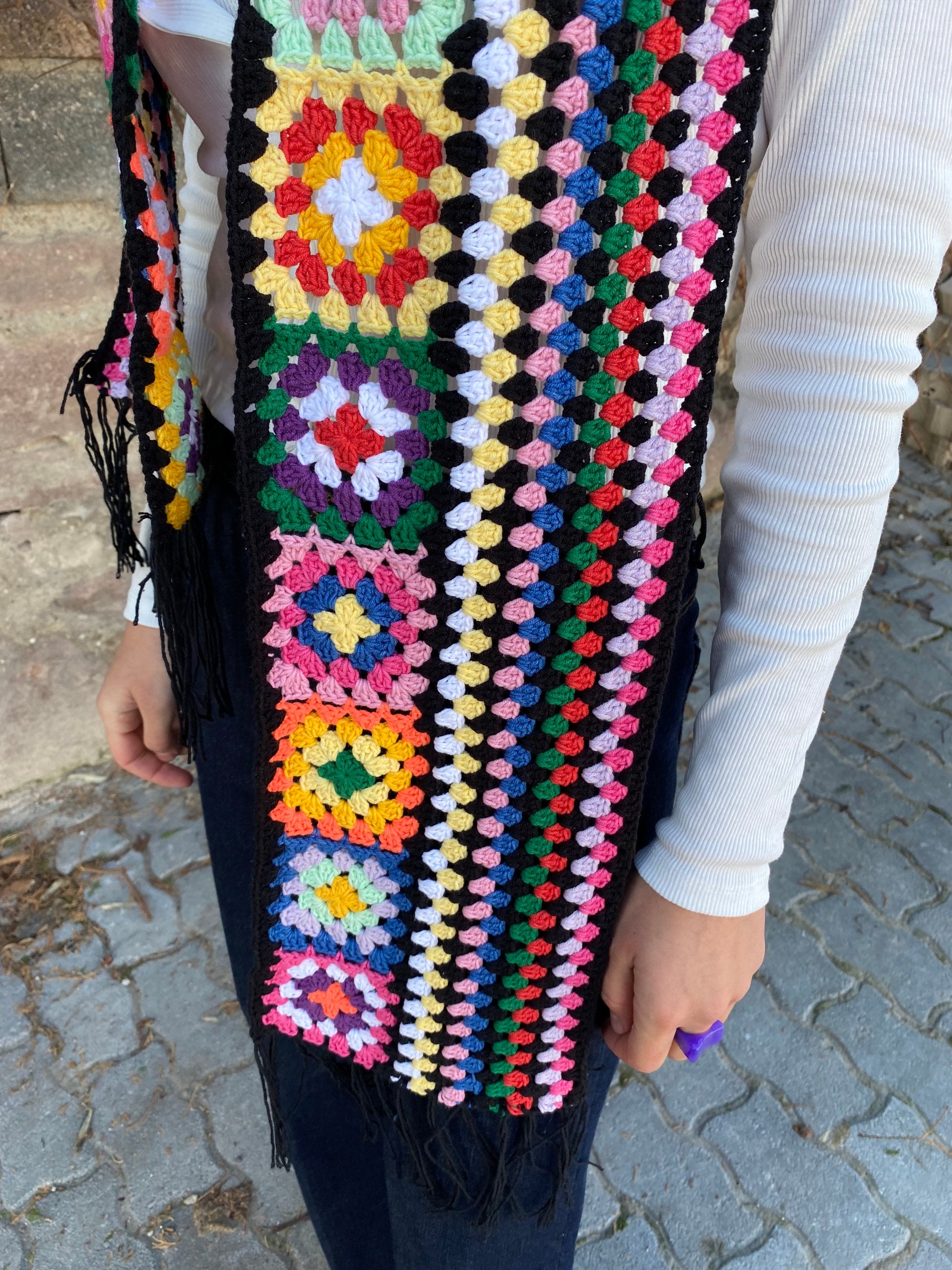 Hippie Scarf, Granny Square Scarf, Boho Scarf, Granny Square Shawl, Long Patchwork Scarf, Knit Afghan Scarf, Bohemian Scarf