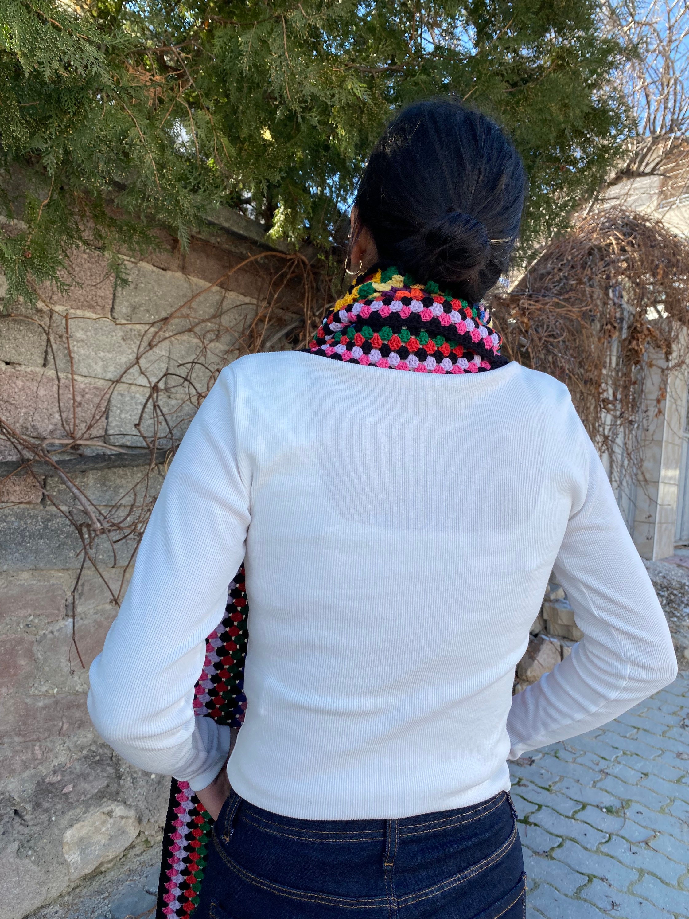 Hippie Scarf, Granny Square Scarf, Boho Scarf, Granny Square Shawl, Long Patchwork Scarf, Knit Af... — photo 5 of 9