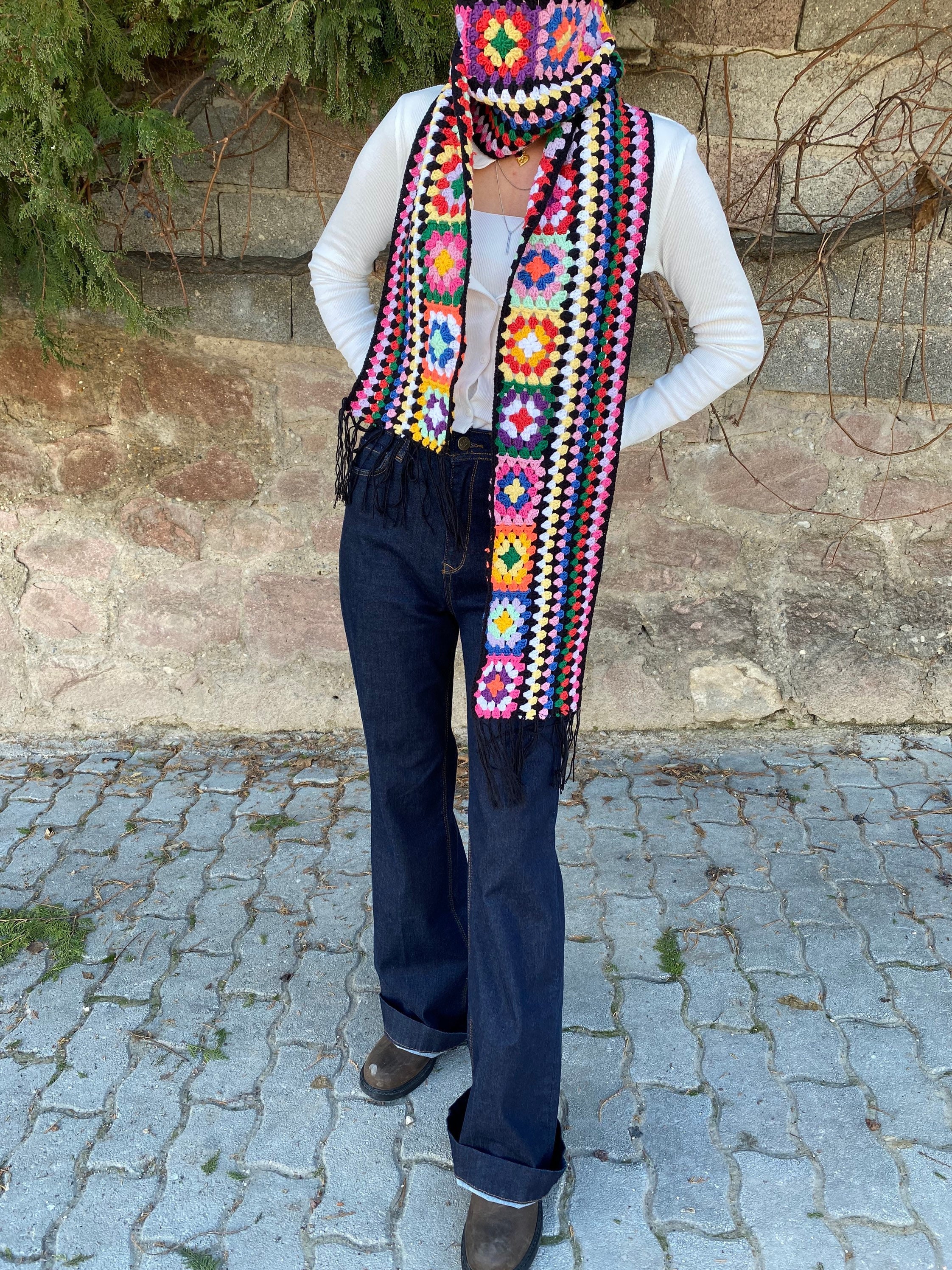 Hippie Scarf, Granny Square Scarf, Boho Scarf, Granny Square Shawl, Long Patchwork Scarf, Knit Af... — photo 6 of 9