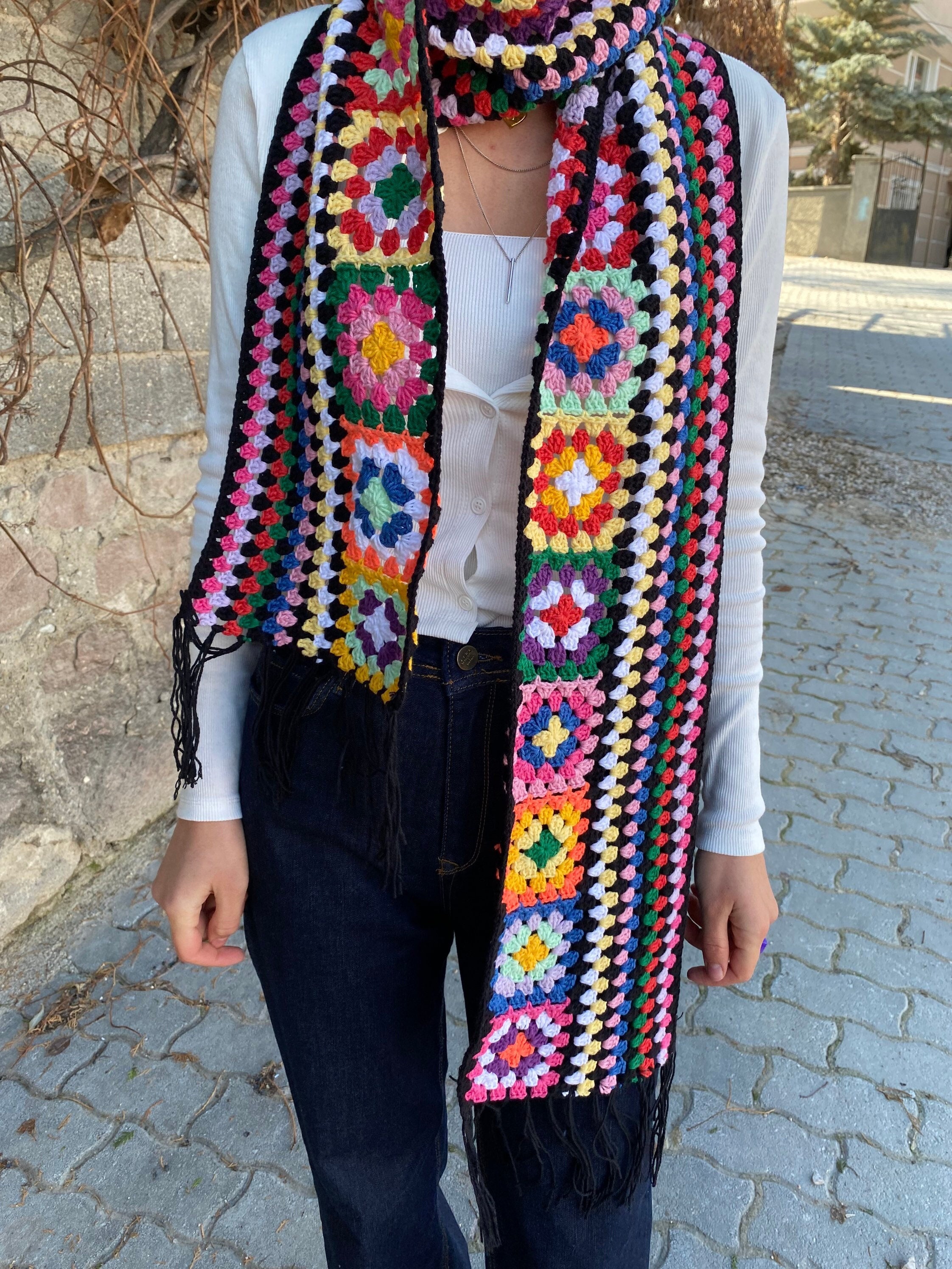 Hippie Scarf, Granny Square Scarf, Boho Scarf, Granny Square Shawl, Long Patchwork Scarf, Knit Af... — photo 3 of 9