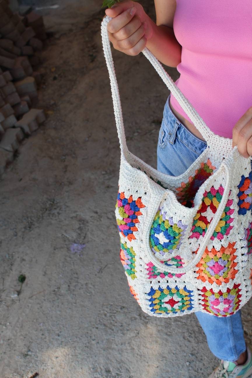 Hippie Shoulder Bag, Large Bohemian Multi-colored Granny Square, Vintage-style Handmade Afghan Cr... — photo 3 of 10