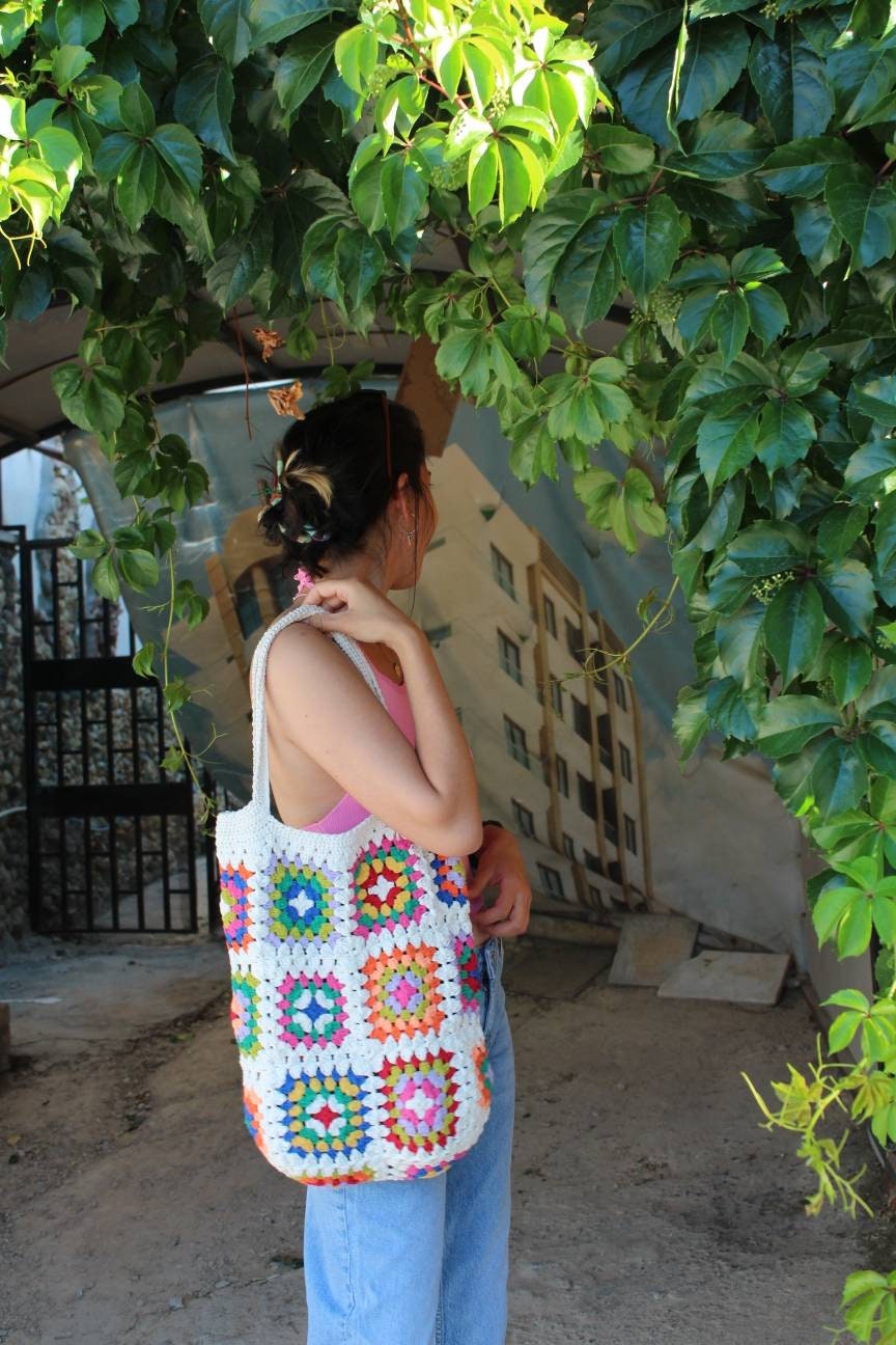 Hippie Shoulder Bag, Large Bohemian Multi-colored Granny Square, Vintage-style Handmade Afghan Crochet Tote, Retro Beach Bag.