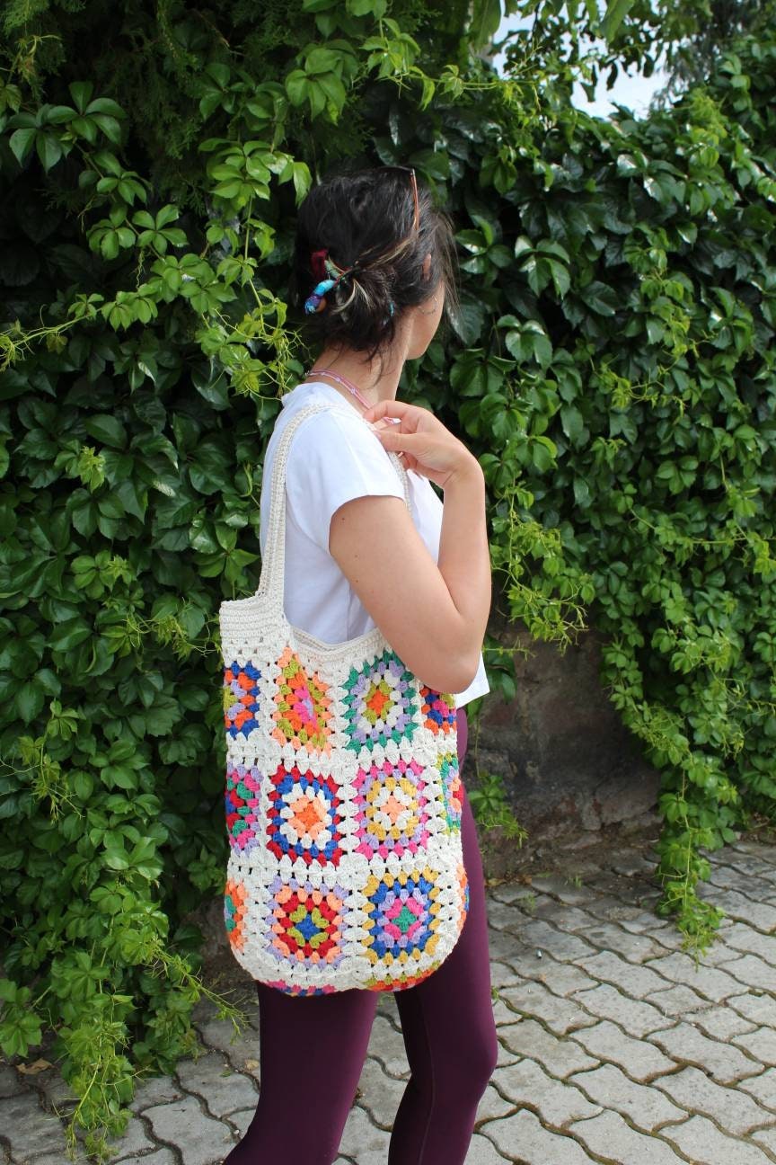 Hippie Shoulder Bag, Large Bohemian Multi-colored Granny Square, Vintage-style Handmade Afghan Cr... — photo 6 of 10