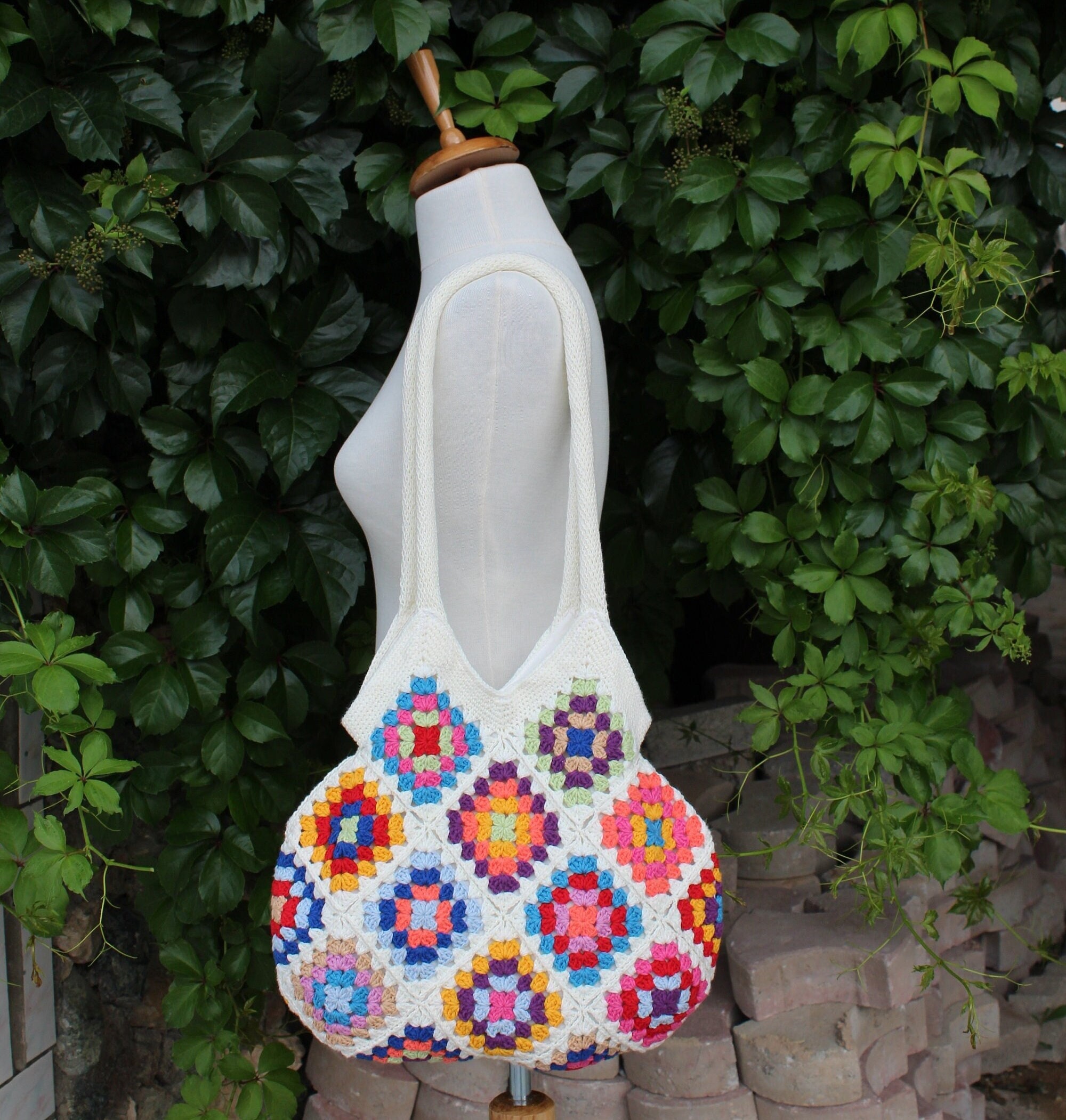 Knit Crossbody Bag, Retro Vintage Summer Festivals Purse, Handmade Boho Crochet Women Tote, Color... — photo 5 of 10