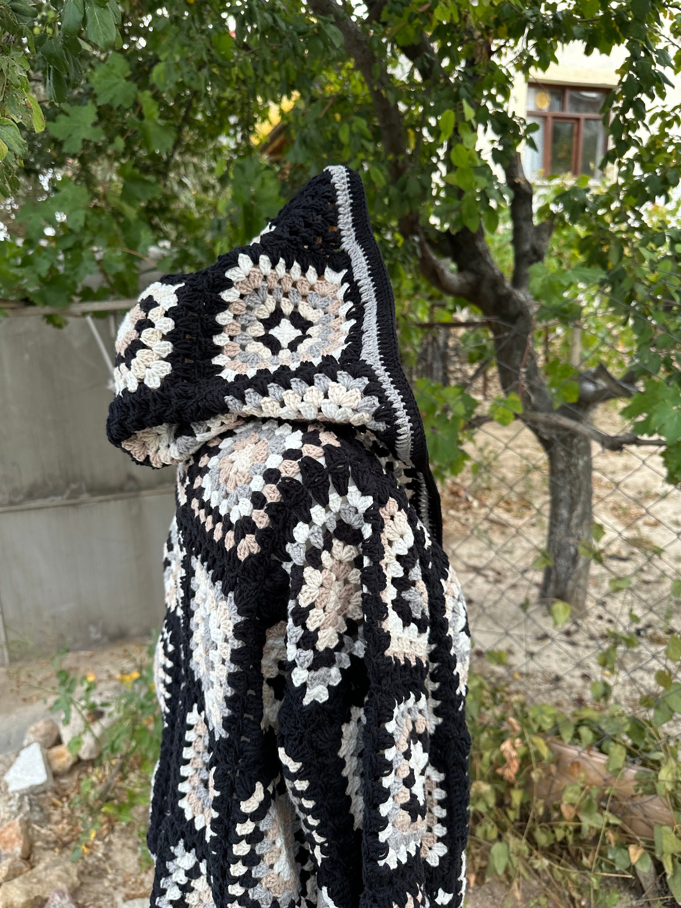 Knit Sweater for Women - Oversized Long Sleeve Cardigan, Granny Square Coat, Patchwork Jacket
