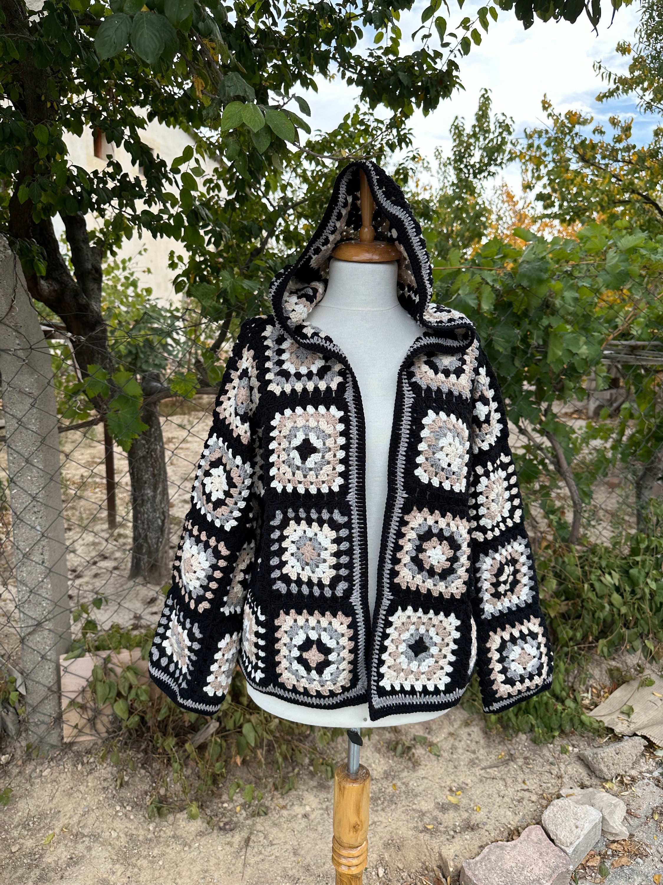 Knit Sweater for Women - Oversized Long Sleeve Cardigan, Granny Square Coat, Patchwork Jacket — photo 7 of 10