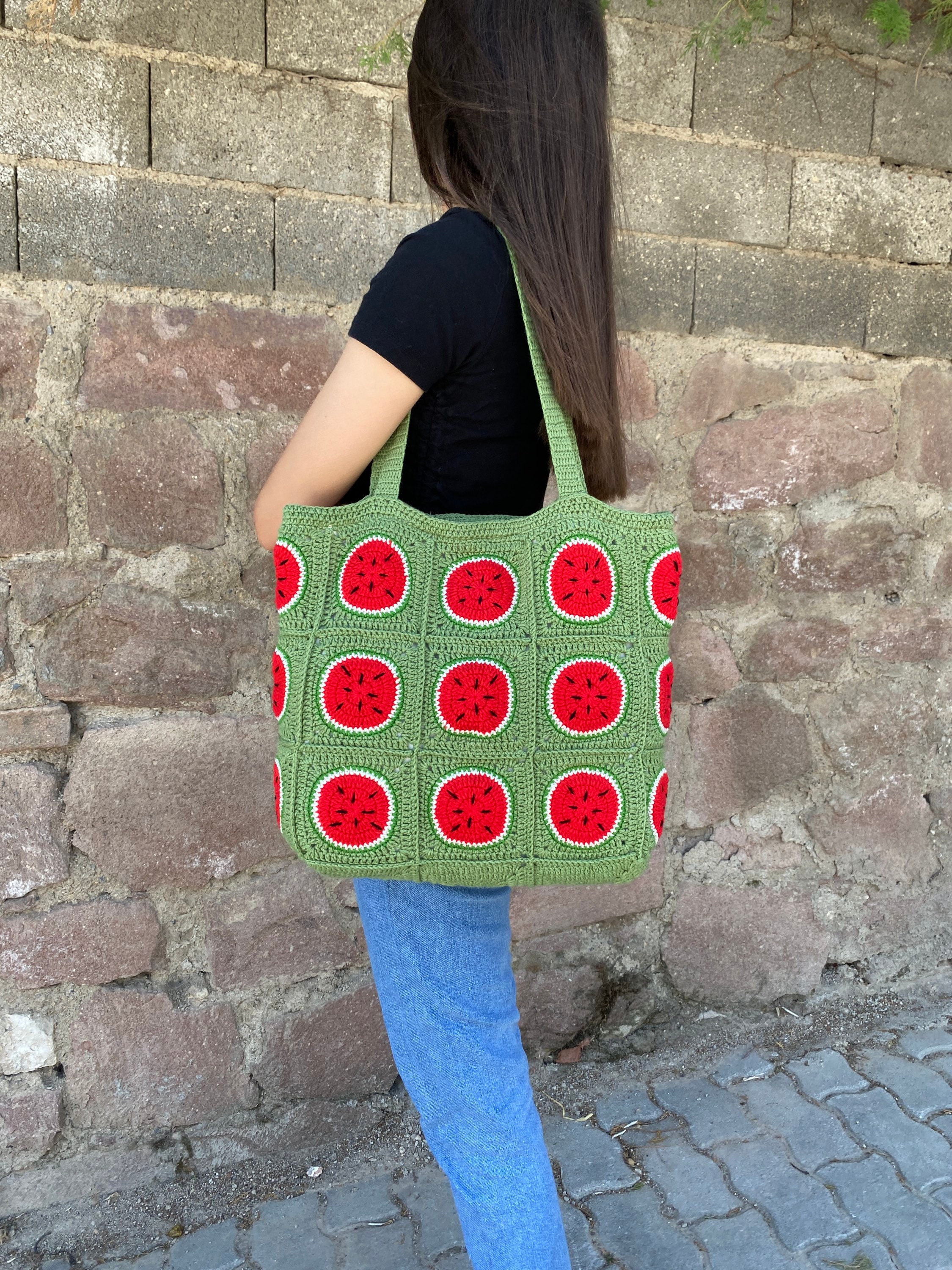 Knit Watermelon Bag, Granny Square Shoulder Tote, Fruit Themed Crochet Beach Bag, Flamboyant Uniq... — photo 7 of 10