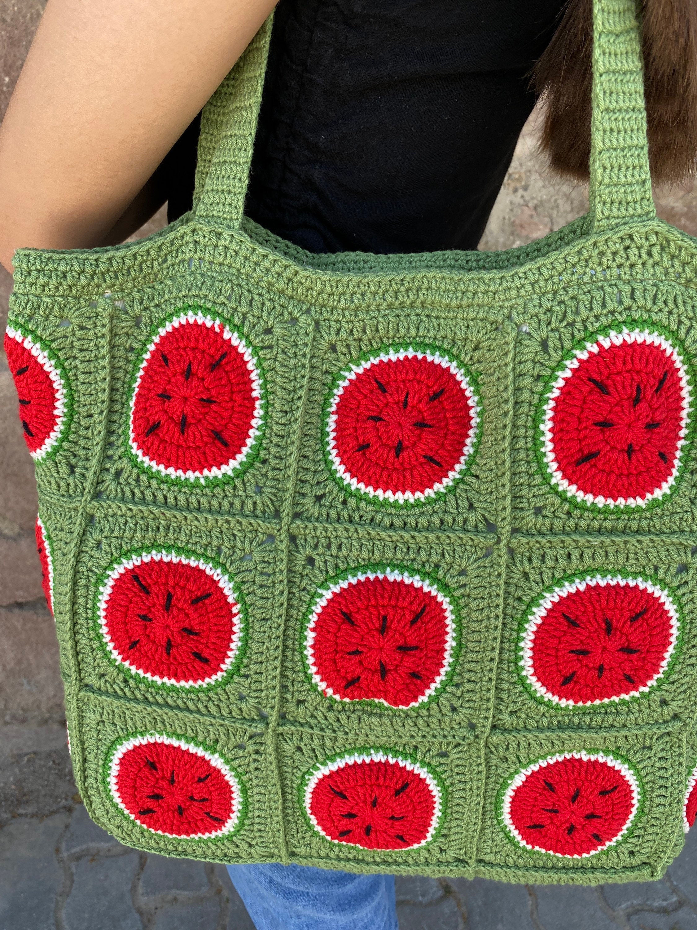 Knit Watermelon Bag, Granny Square Shoulder Tote, Fruit Themed Crochet Beach Bag, Flamboyant Uniq... — photo 5 of 10