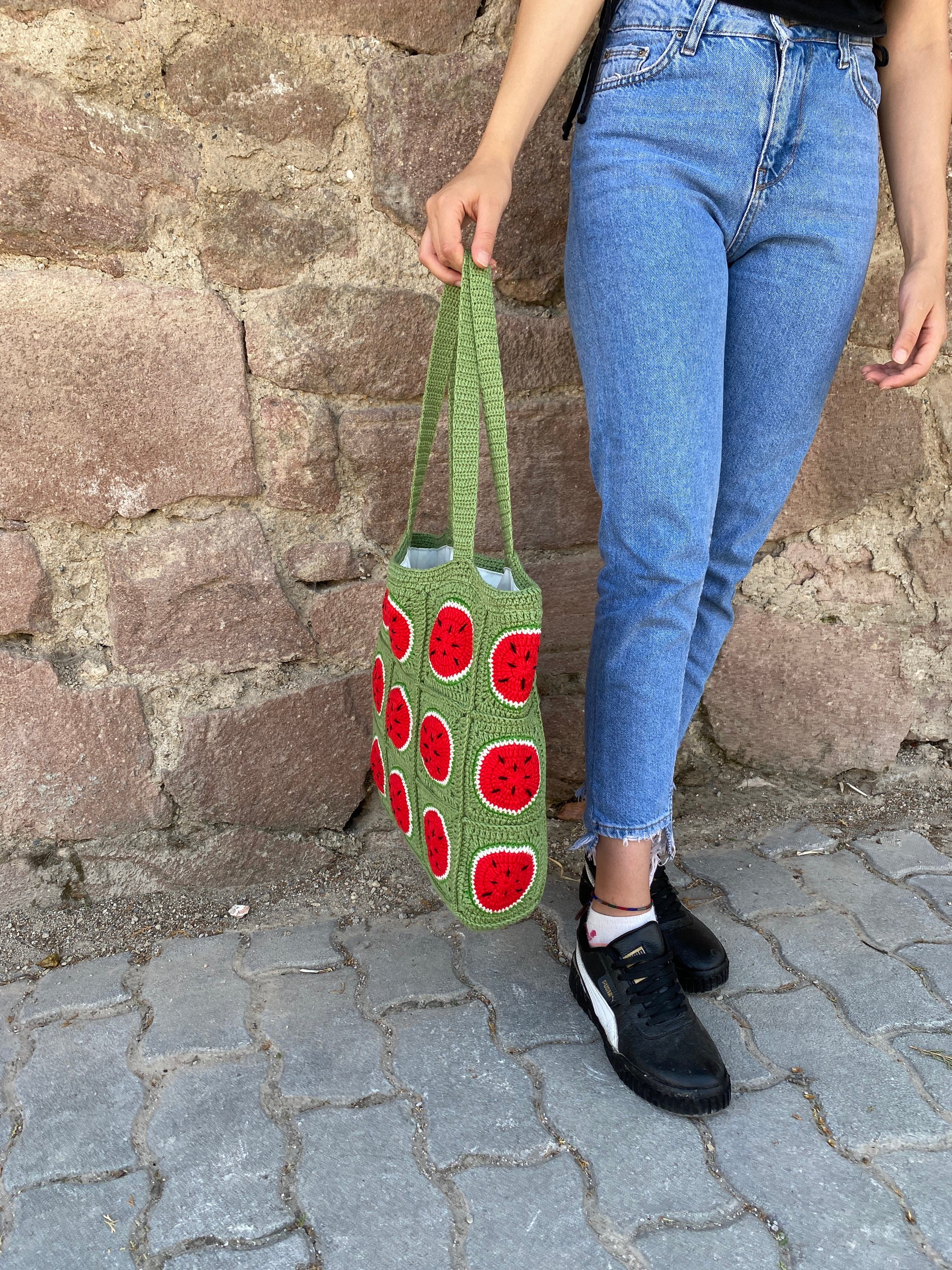 Knit Watermelon Bag, Granny Square Shoulder Tote, Fruit Themed Crochet Beach Bag, Flamboyant Uniq... — photo 6 of 10