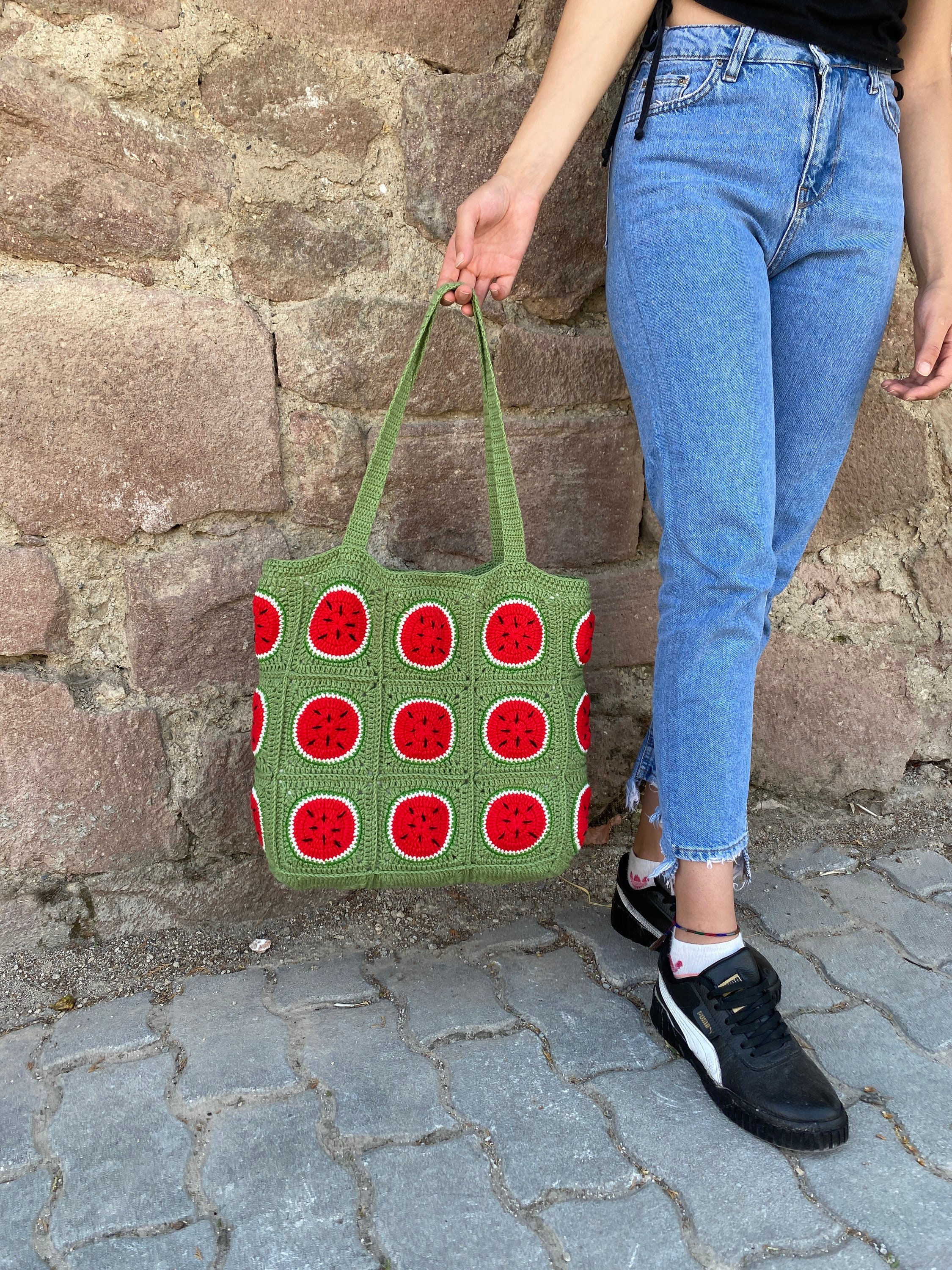 Knit Watermelon Bag, Granny Square Shoulder Tote, Fruit Themed Crochet Beach Bag, Flamboyant Uniq... — photo 4 of 10