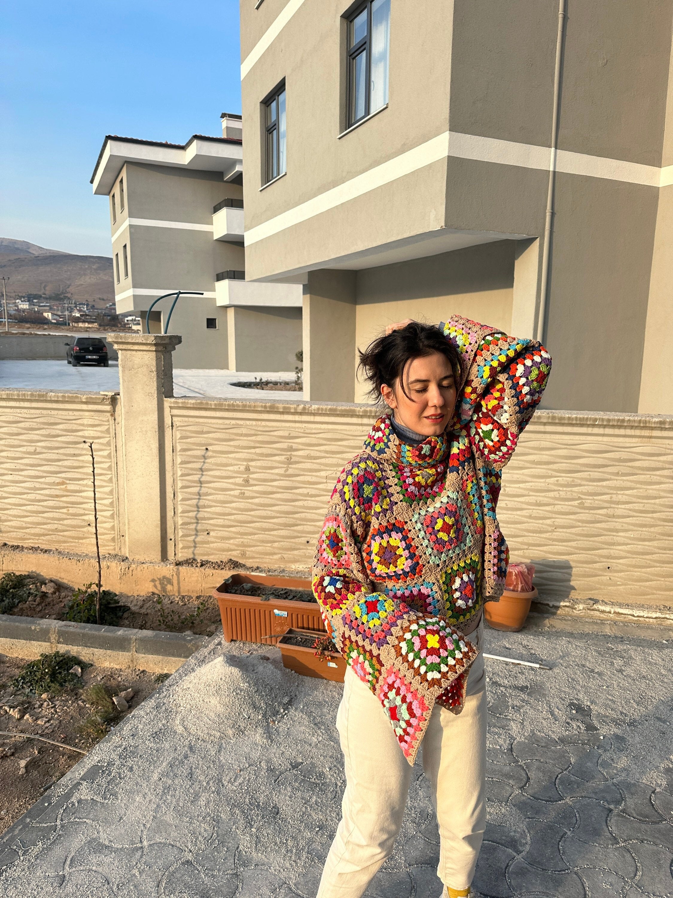 Knitted Sweater for Women - Vintage Granny Sweater, Bohemian Jacket, Chunky Mochi Festive Cardigan, Unisex Boho Style Winter Pullover