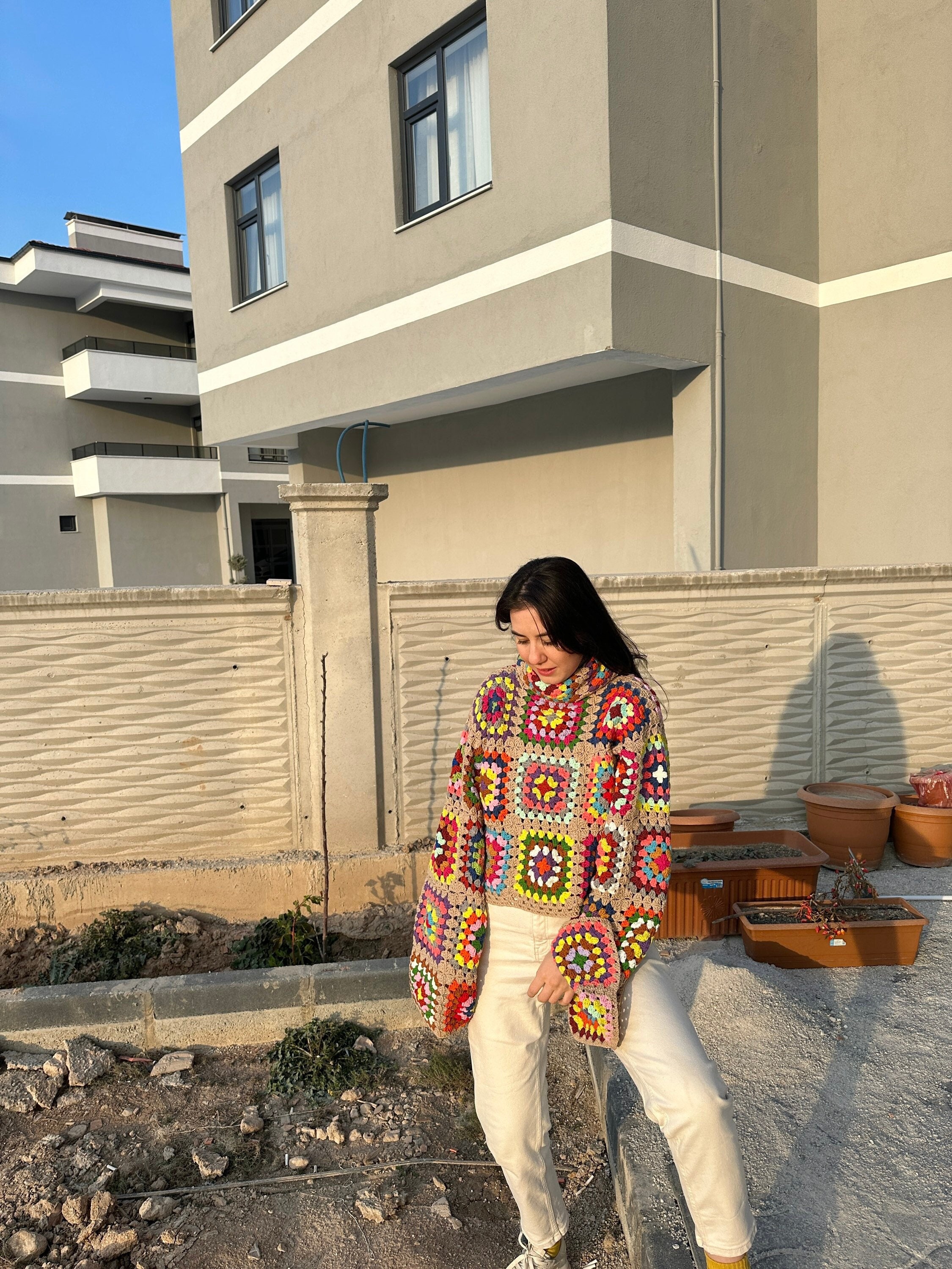 Knitted Sweater for Women - Vintage Granny Sweater, Bohemian Jacket, Chunky Mochi Festive Cardiga... — photo 2 of 10