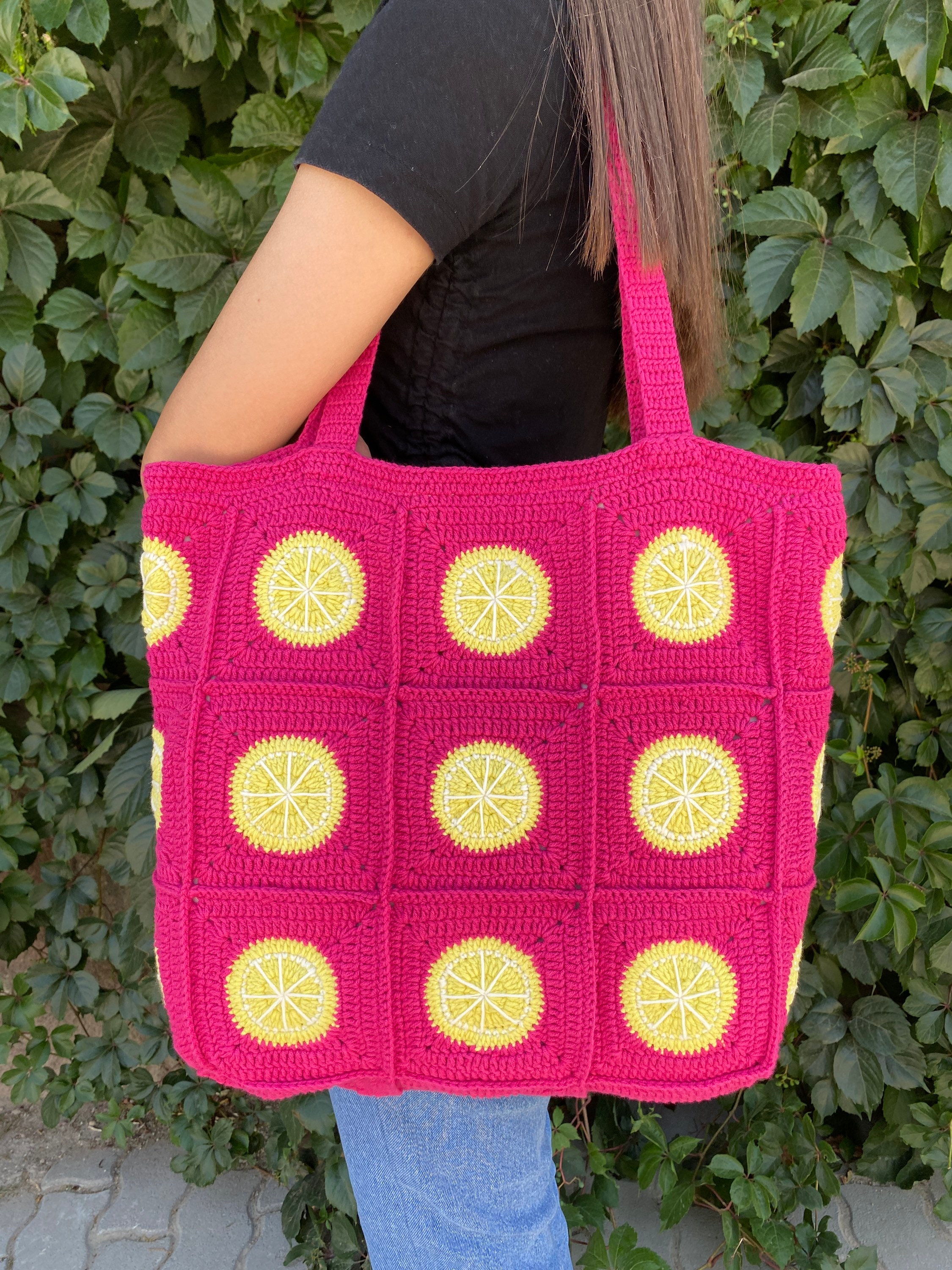 Lemon Crochet Bag, Vintage Boho Shoulder Bag, Stylish Granny Square Design, Fruit Themed Summer T... — photo 7 of 10