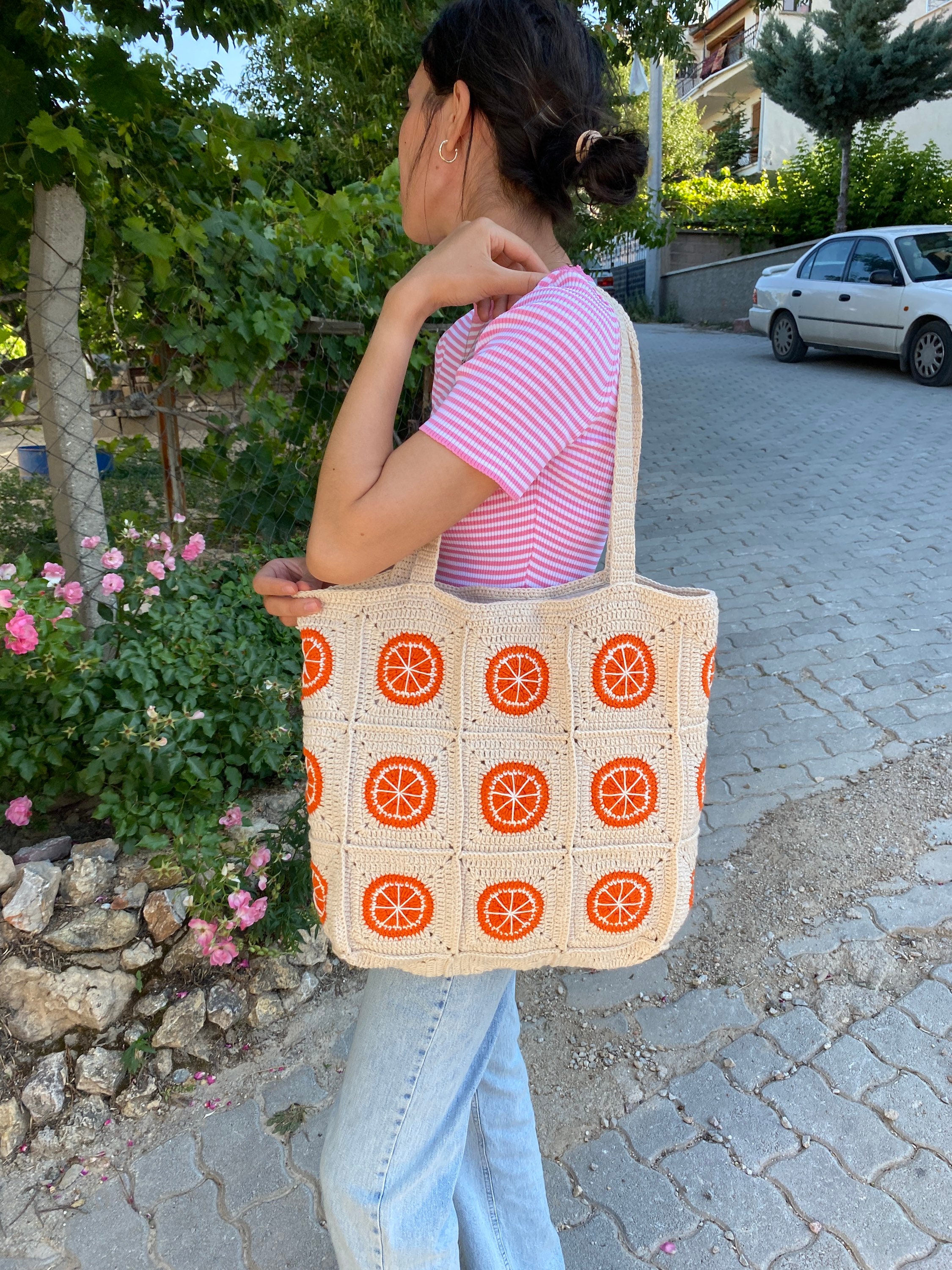 Orange Crochet Bag, Granny Square Bag, Fruit Themed Shoulder Tote, Perfect Lightweight Cotton Sum... — photo 5 of 10