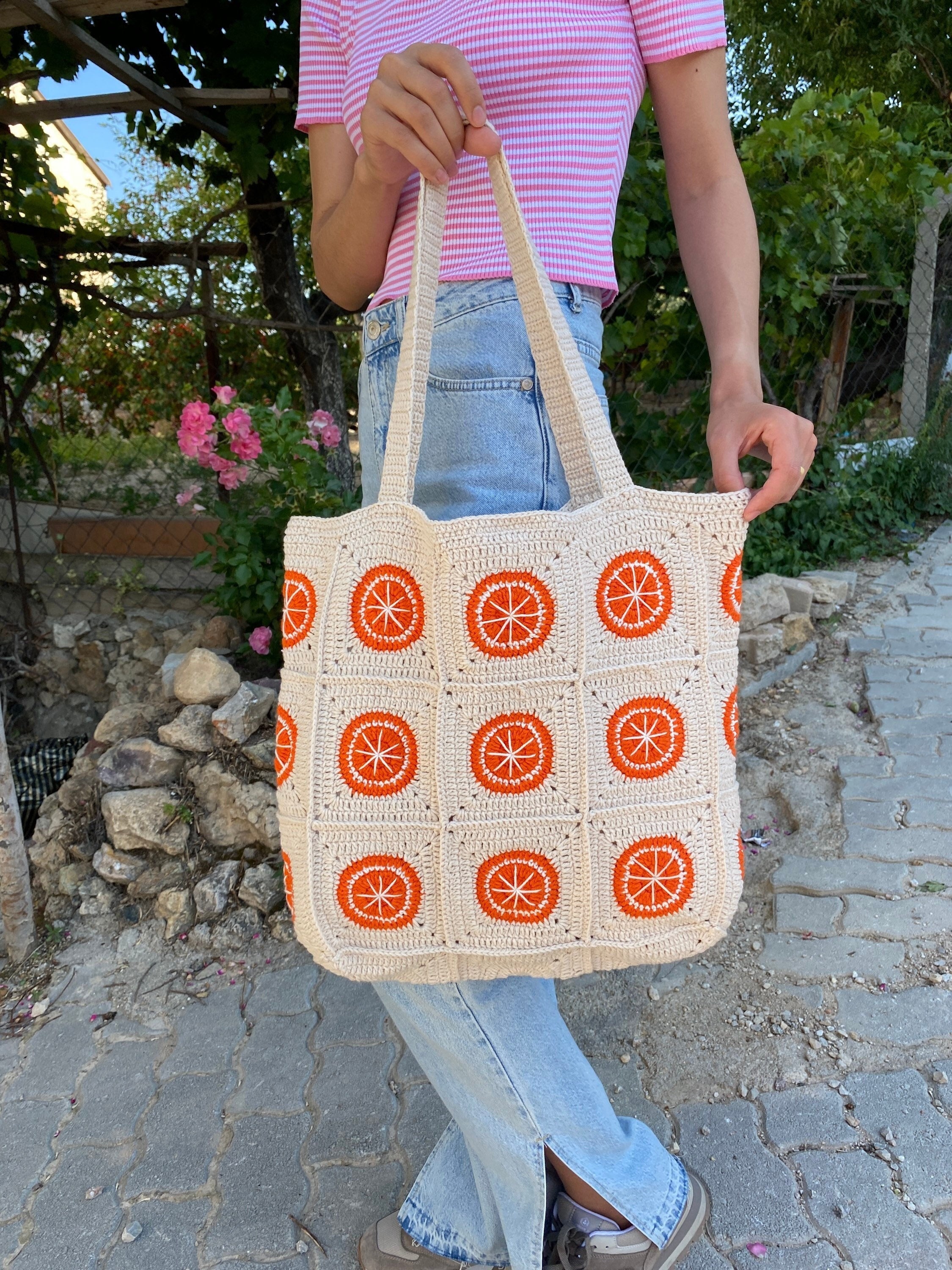 Orange Crochet Bag, Granny Square Bag, Fruit Themed Shoulder Tote, Perfect Lightweight Cotton Sum... — photo 4 of 10