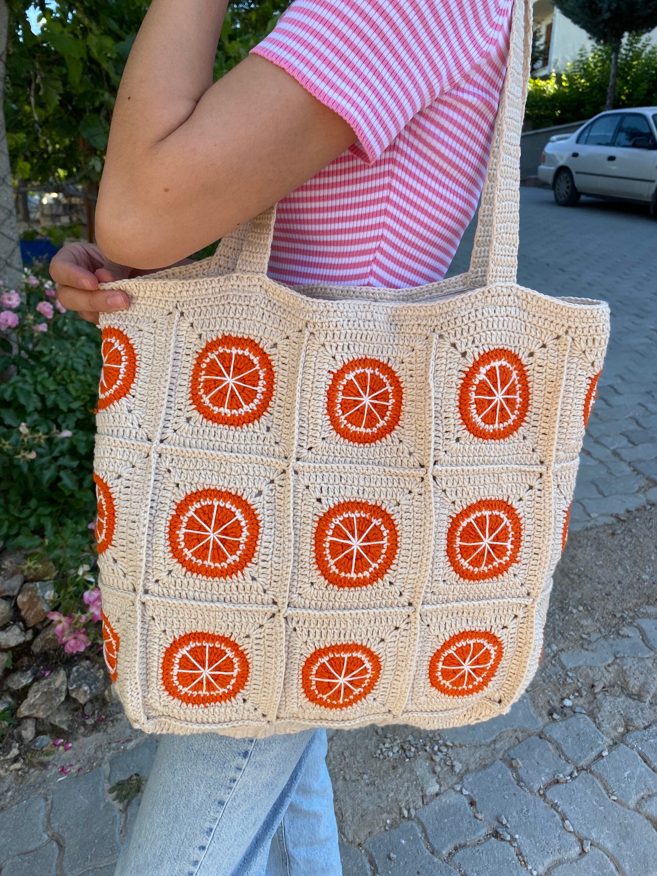 Orange Crochet Bag, Granny Square Bag, Fruit Themed Shoulder Tote, Perfect Lightweight Cotton Sum... — photo 7 of 10
