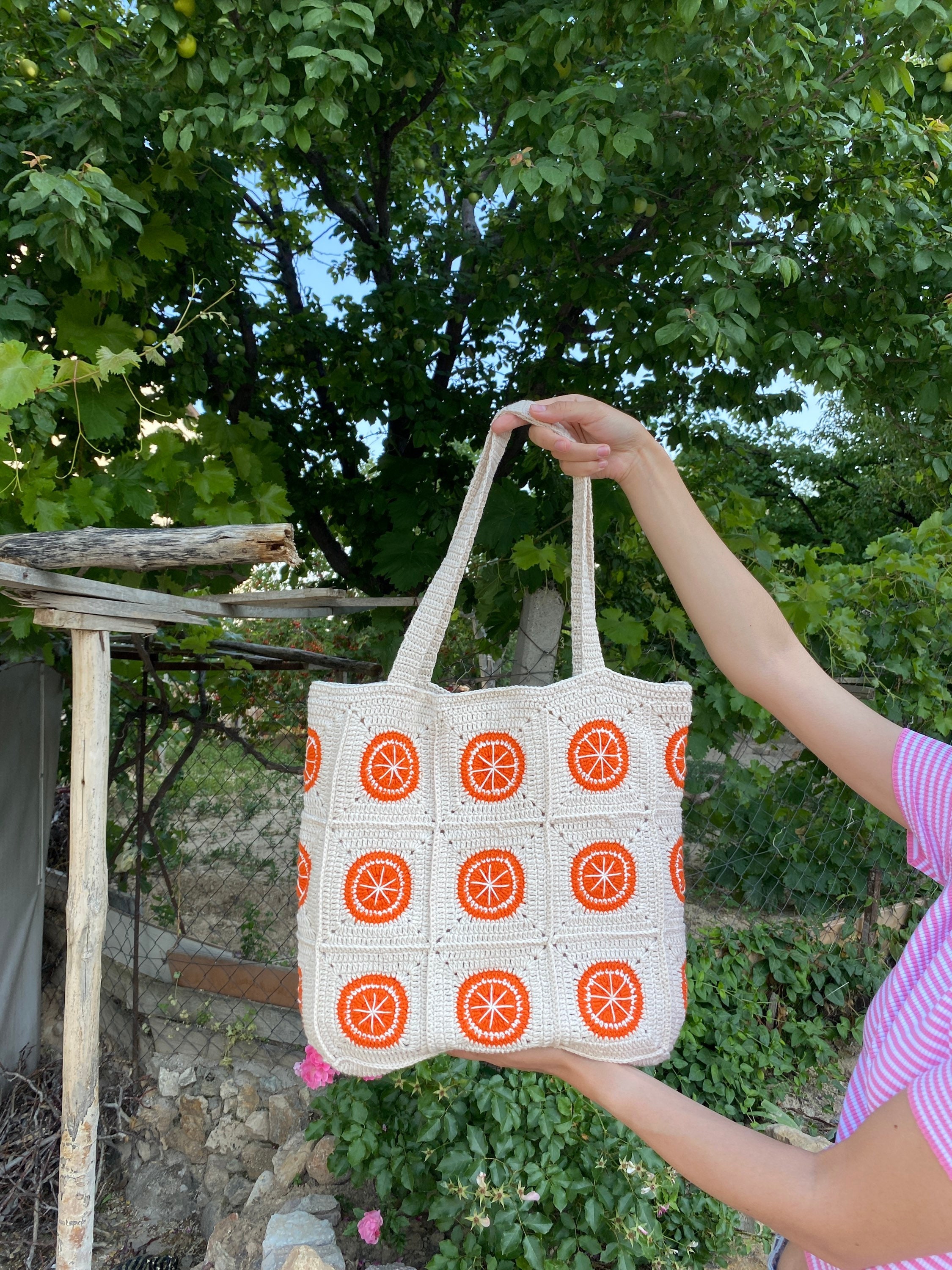 Orange Crochet Bag, Granny Square Bag, Fruit Themed Shoulder Tote, Perfect Lightweight Cotton Sum... — photo 6 of 10