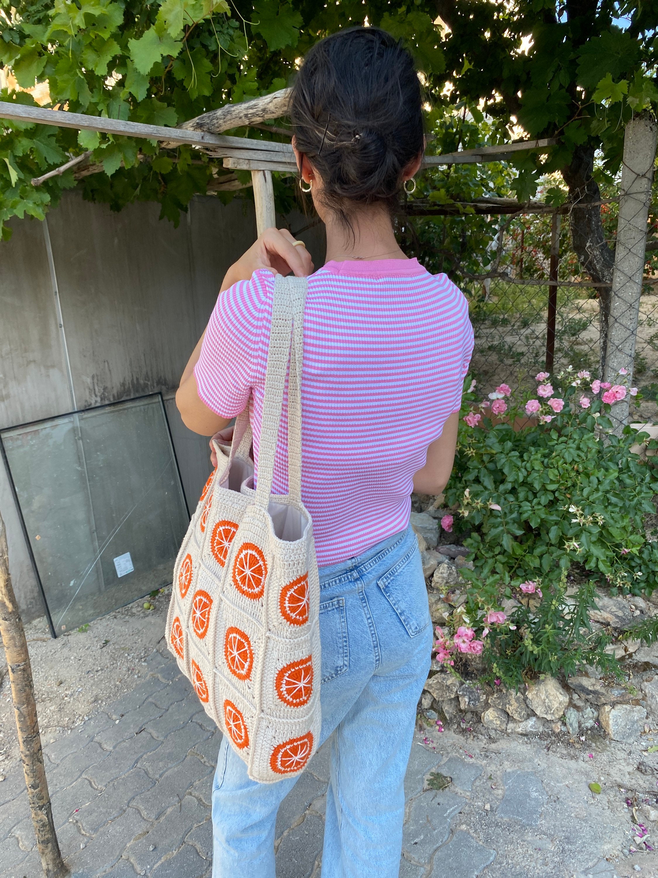Orange Crochet Bag, Granny Square Bag, Fruit Themed Shoulder Tote, Perfect Lightweight Cotton Sum... — photo 2 of 10