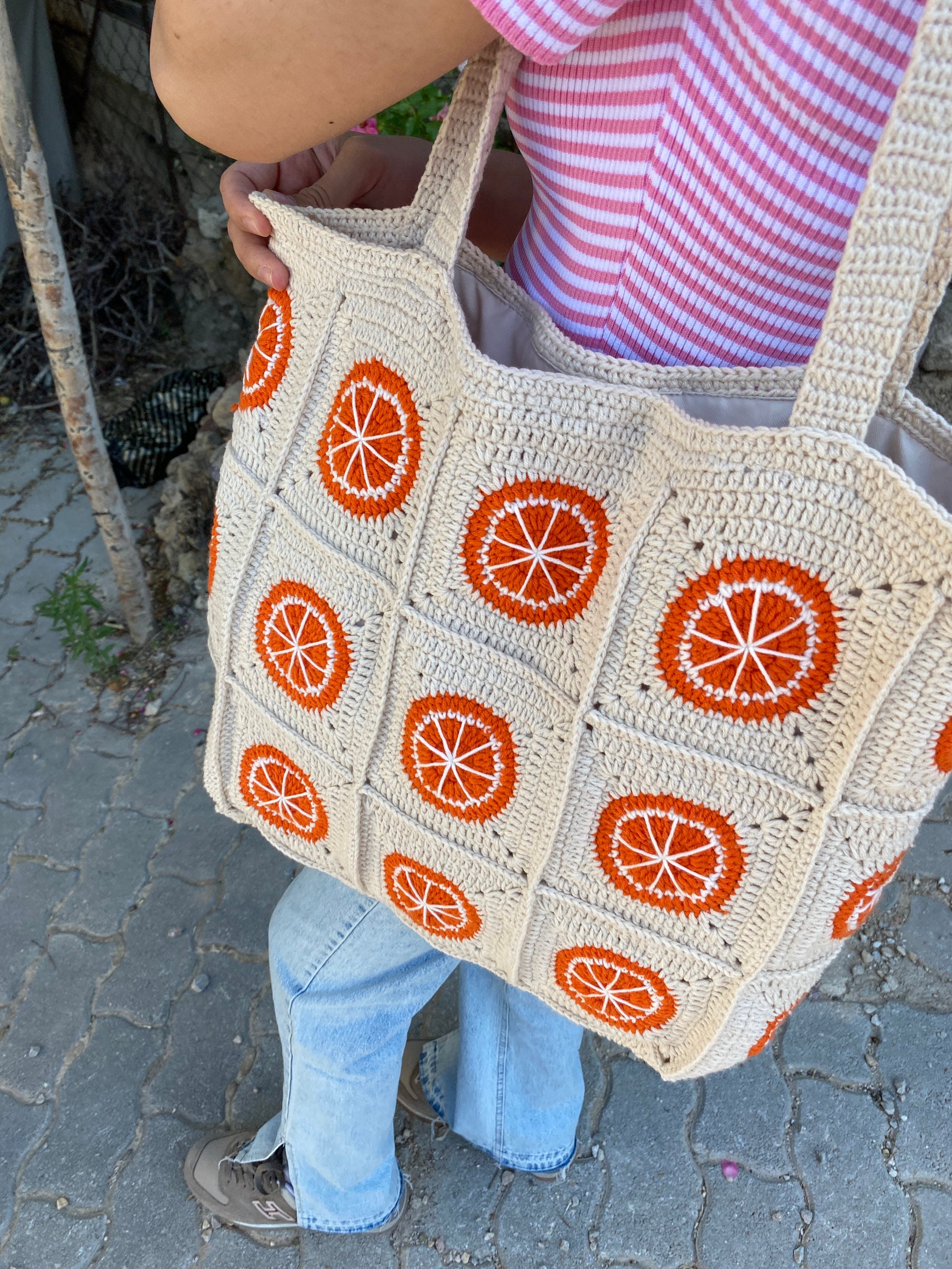 Orange Crochet Bag, Granny Square Bag, Fruit Themed Shoulder Tote, Perfect Lightweight Cotton Sum... — photo 3 of 10