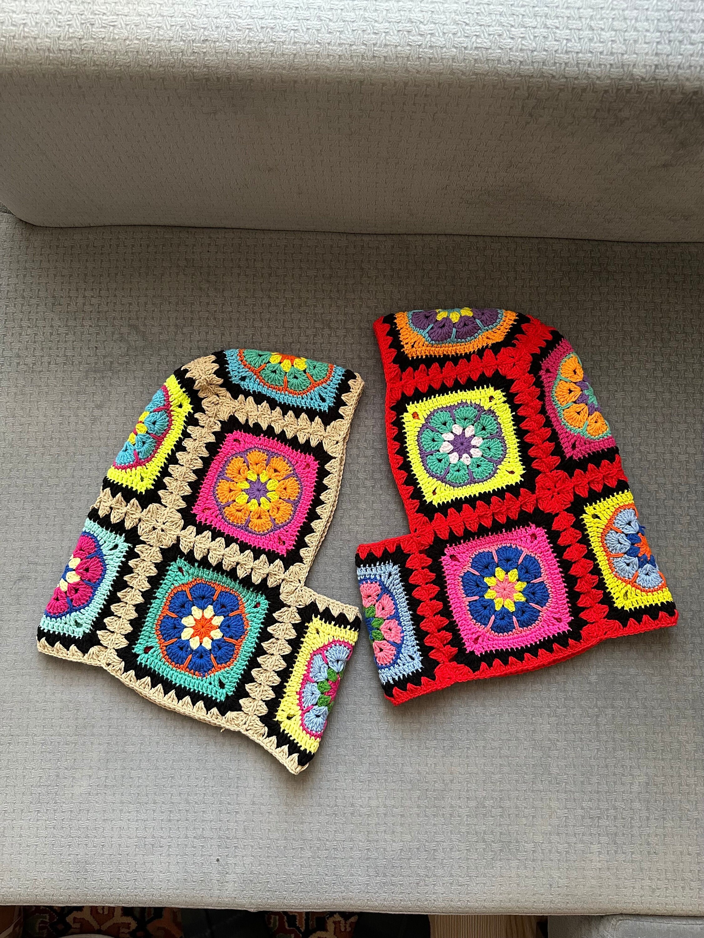 Oversize Granny Square Chic Balaclava, Red & Beige Floral Balaclava, Knitted Balaclava, Crochet B... — photo 7 of 10