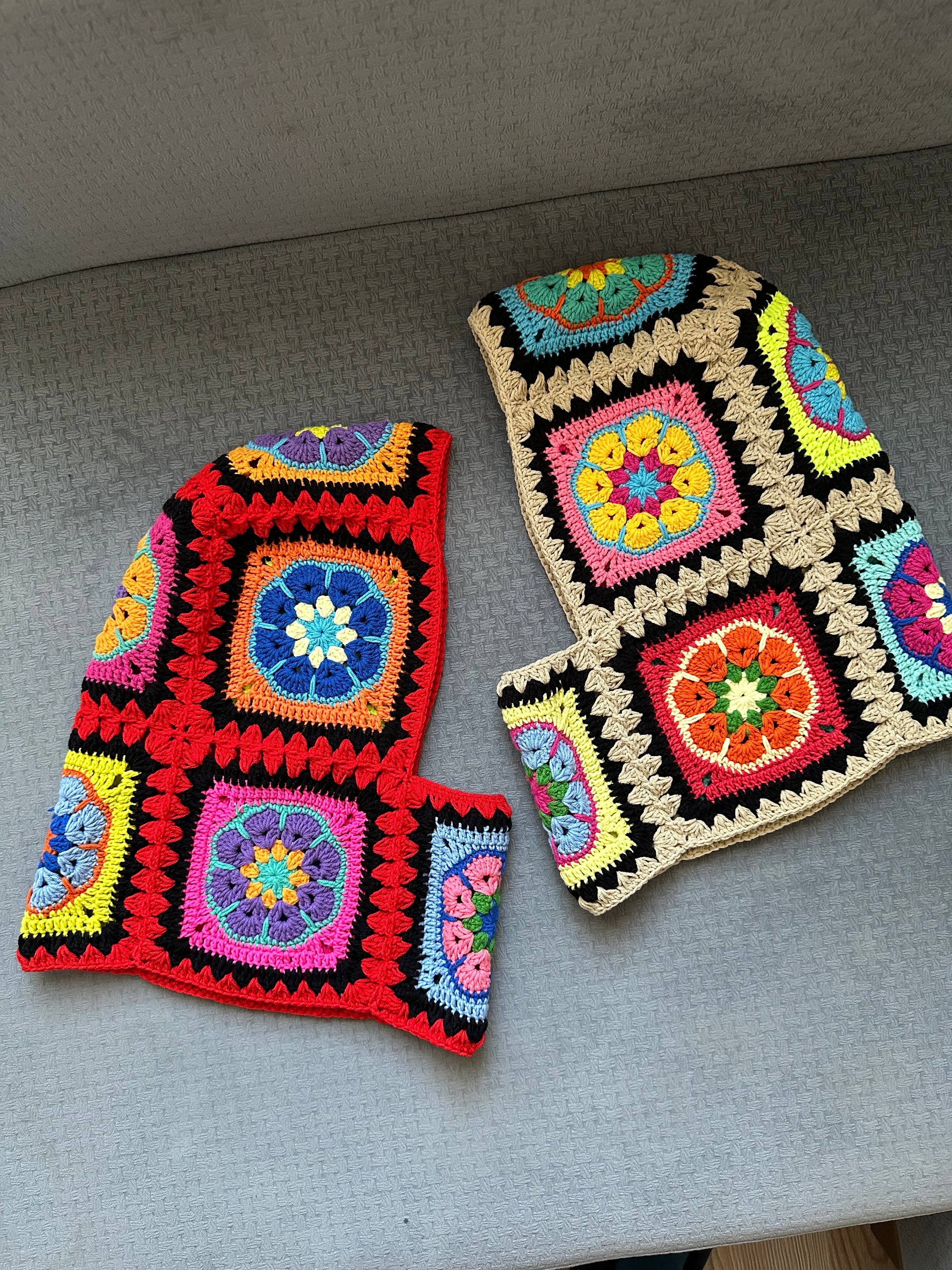 Oversize Granny Square Chic Balaclava, Red & Beige Floral Balaclava, Knitted Balaclava, Crochet B... — photo 5 of 10