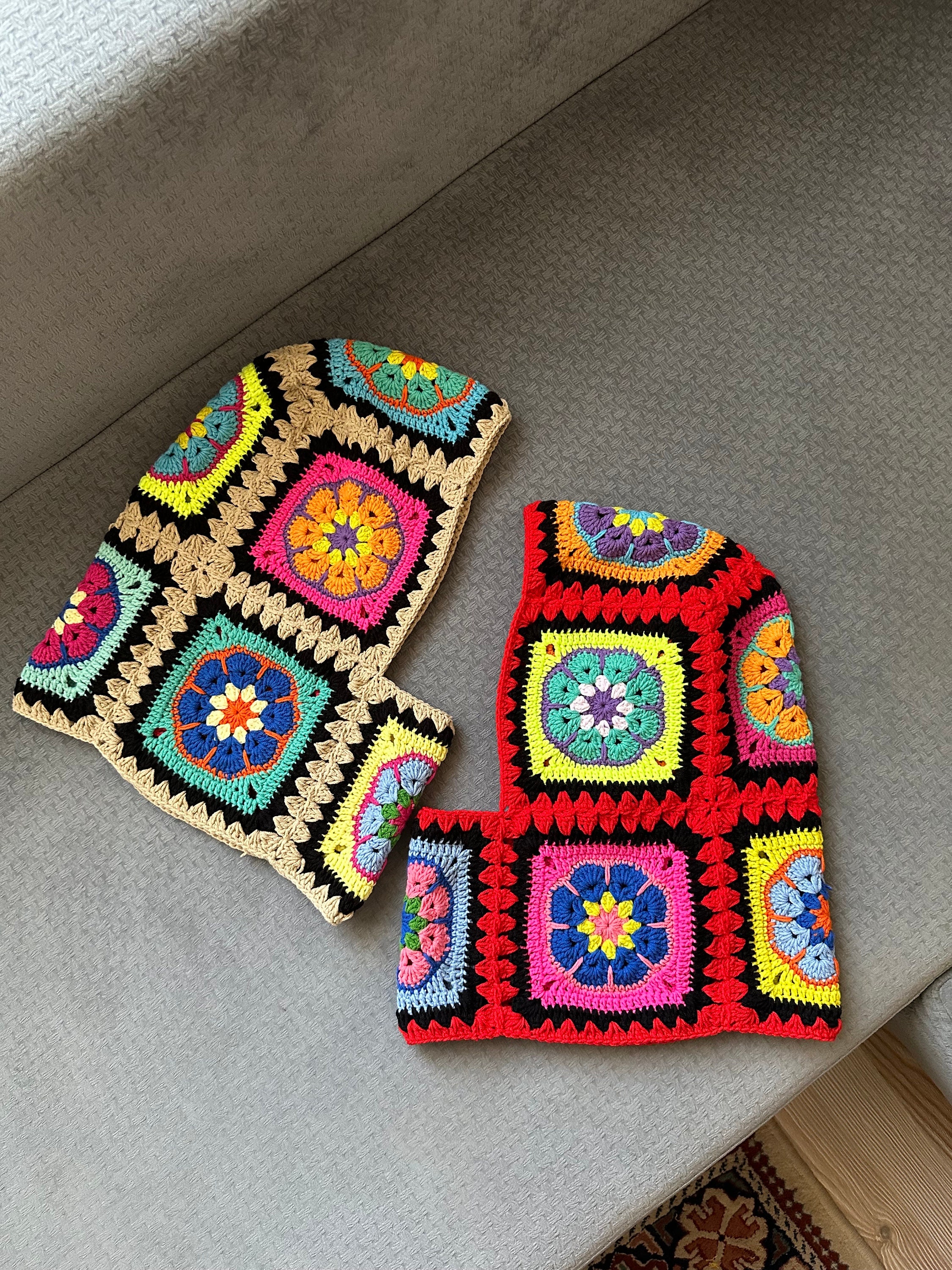 Oversize Granny Square Chic Balaclava, Red & Beige Floral Balaclava, Knitted Balaclava, Crochet B... — photo 6 of 10