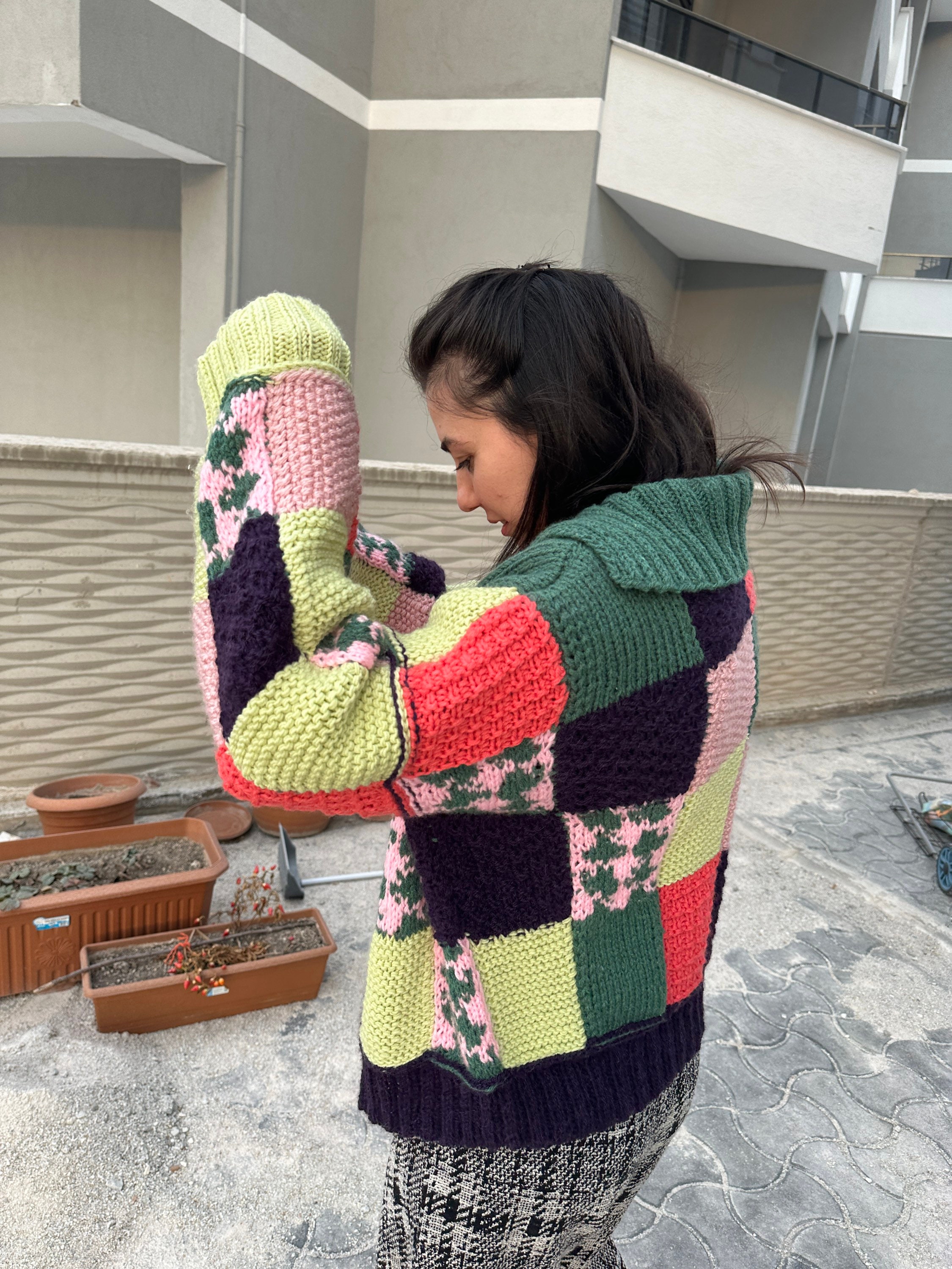 Oversized Jacket, Multicolor Knit Cardigan, Patchwork Jacket, Handmade Patchwork Sweater, Knit Ja... — photo 2 of 10