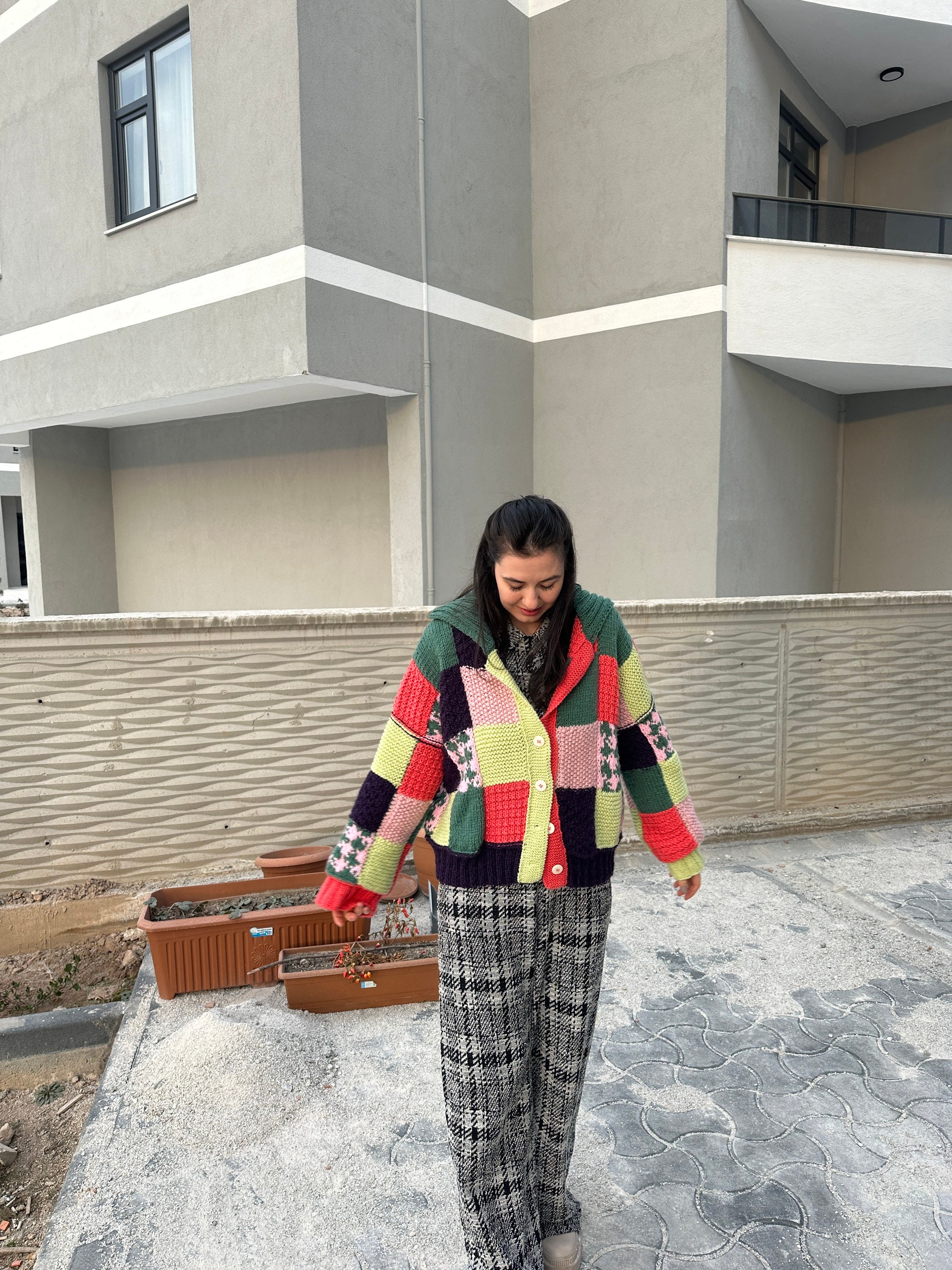 Oversized Jacket, Multicolor Knit Cardigan, Patchwork Jacket, Handmade Patchwork Sweater, Knit Ja... — photo 6 of 10