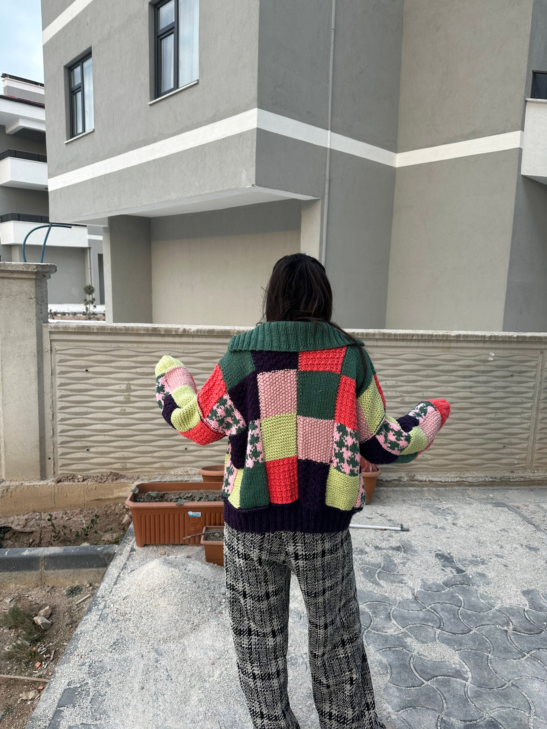 Oversized Jacket, Multicolor Knit Cardigan, Patchwork Jacket, Handmade Patchwork Sweater, Knit Ja... — photo 7 of 10