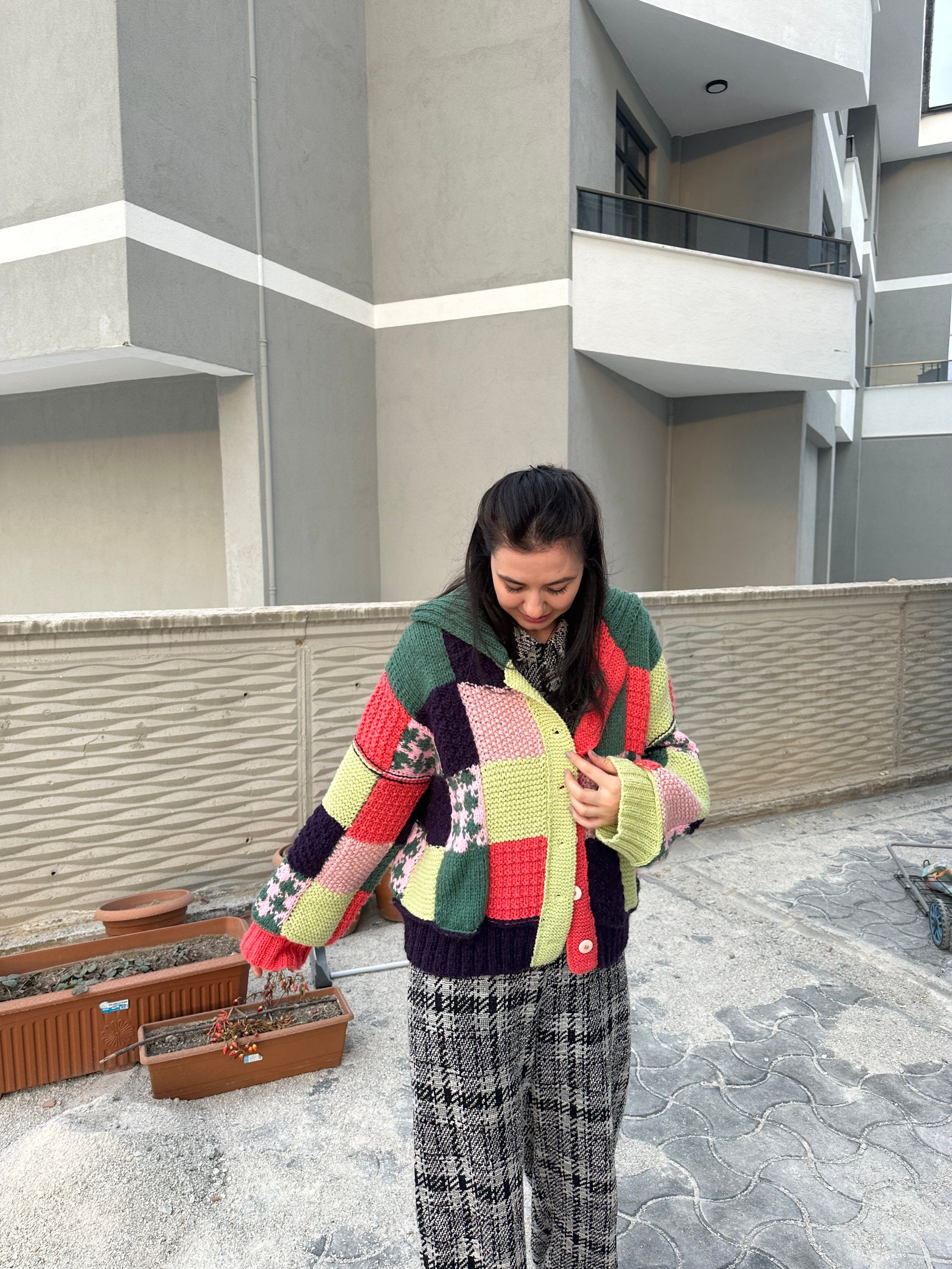 Oversized Jacket, Multicolor Knit Cardigan, Patchwork Jacket, Handmade Patchwork Sweater, Knit Ja... — photo 4 of 10