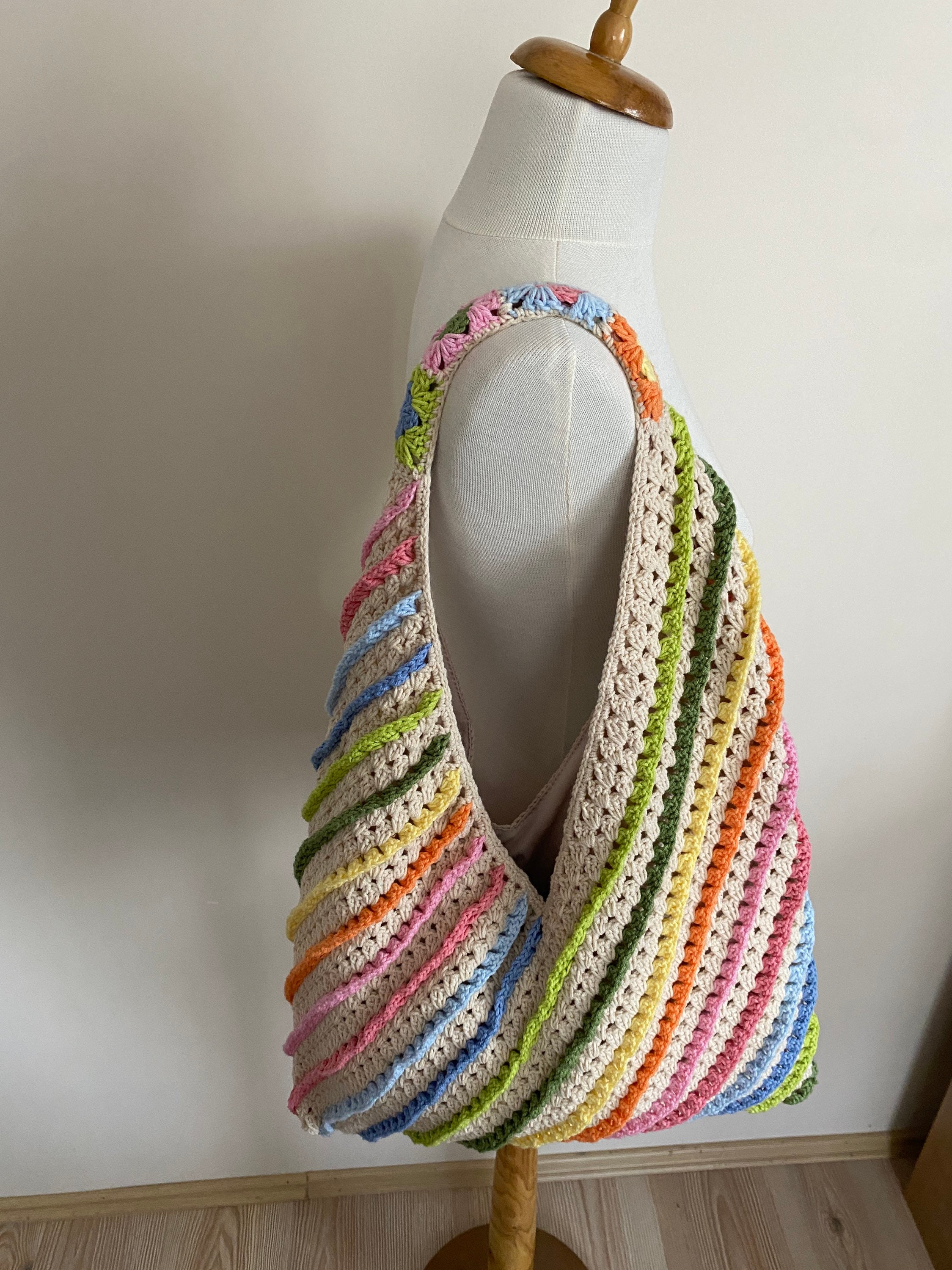 Pastel Crochet Bag, Afghan Crochet Bag, Boho Hand Bag, Bohemian Bag, Retro Style, Vintage Style, Summer Bag, Crochet Purse, Crochet Tote Bag