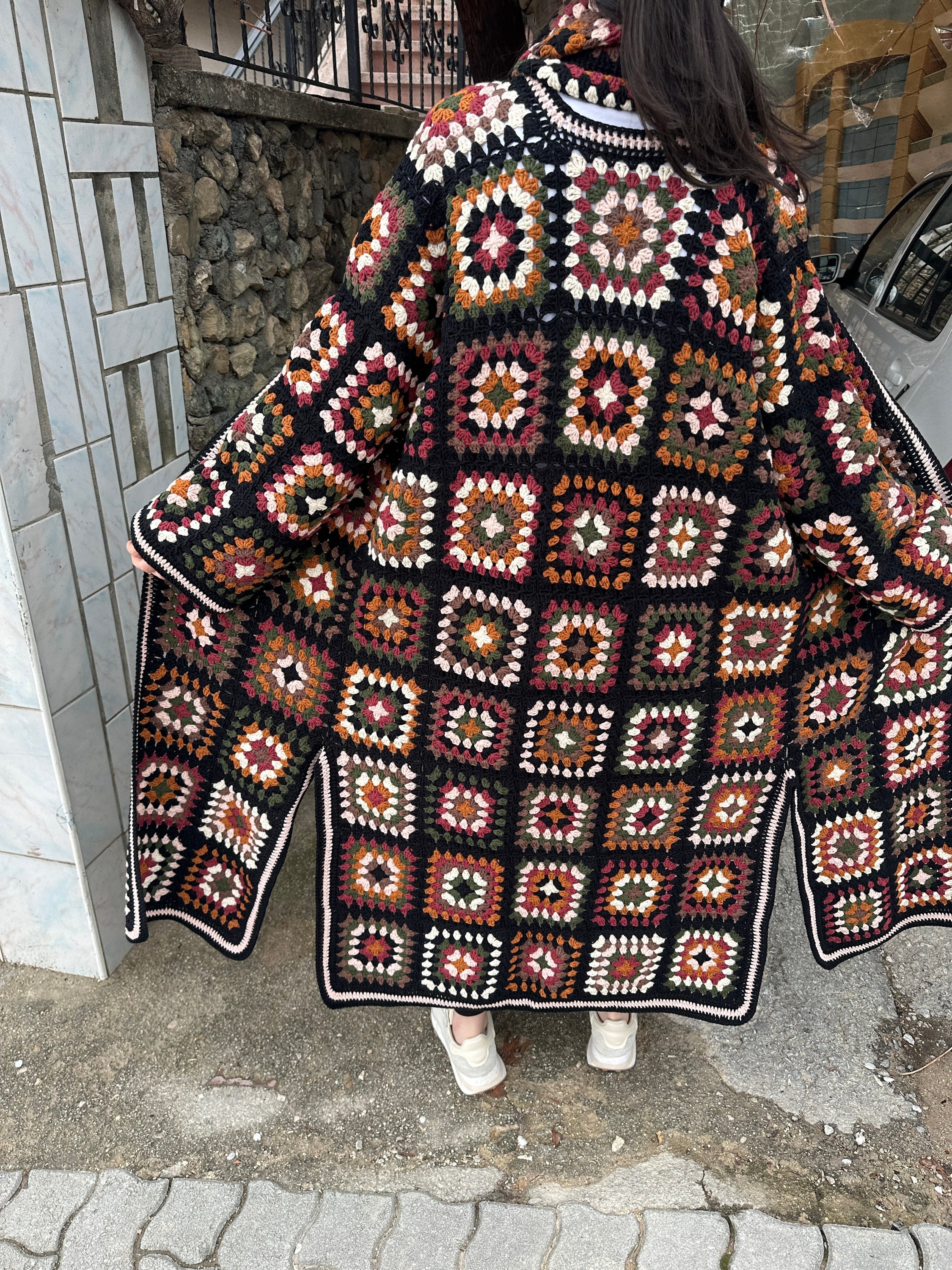 Patchwork Jacket, Granny Square Cardigan, Cardigan & Scarf Set, Boho Jacket, Granny Square Sweater, Women Cardigan, Oversized Knit Cardigan