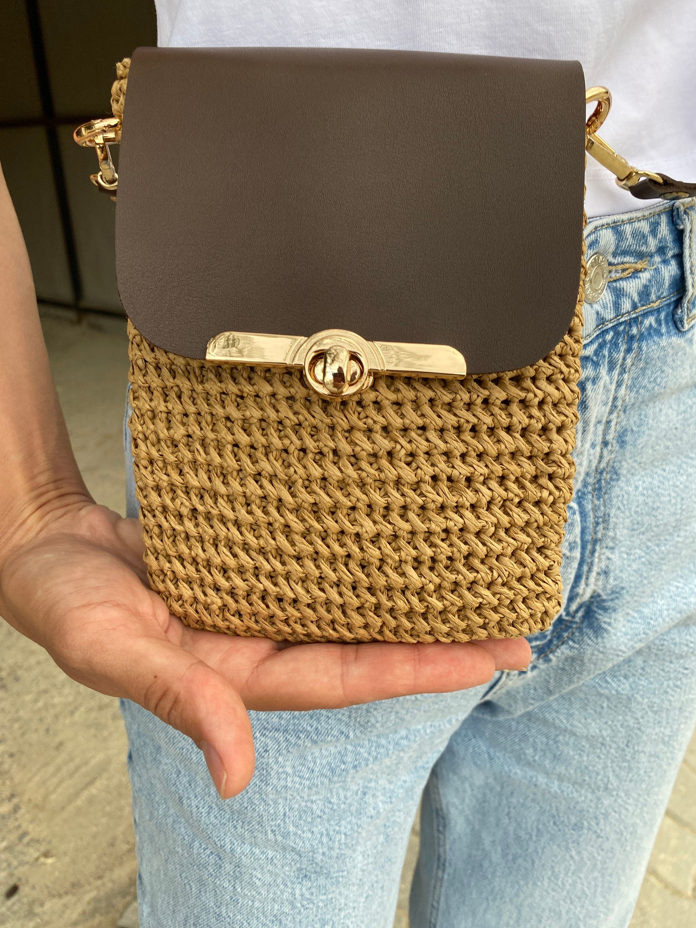 Phone Case Bag Wallet, Luxury Crossbody Bag in Leather, Crochet Bag, Smartphone Crossbody Bag, Straw Phone Holder, Mobile Phone Case, Gift