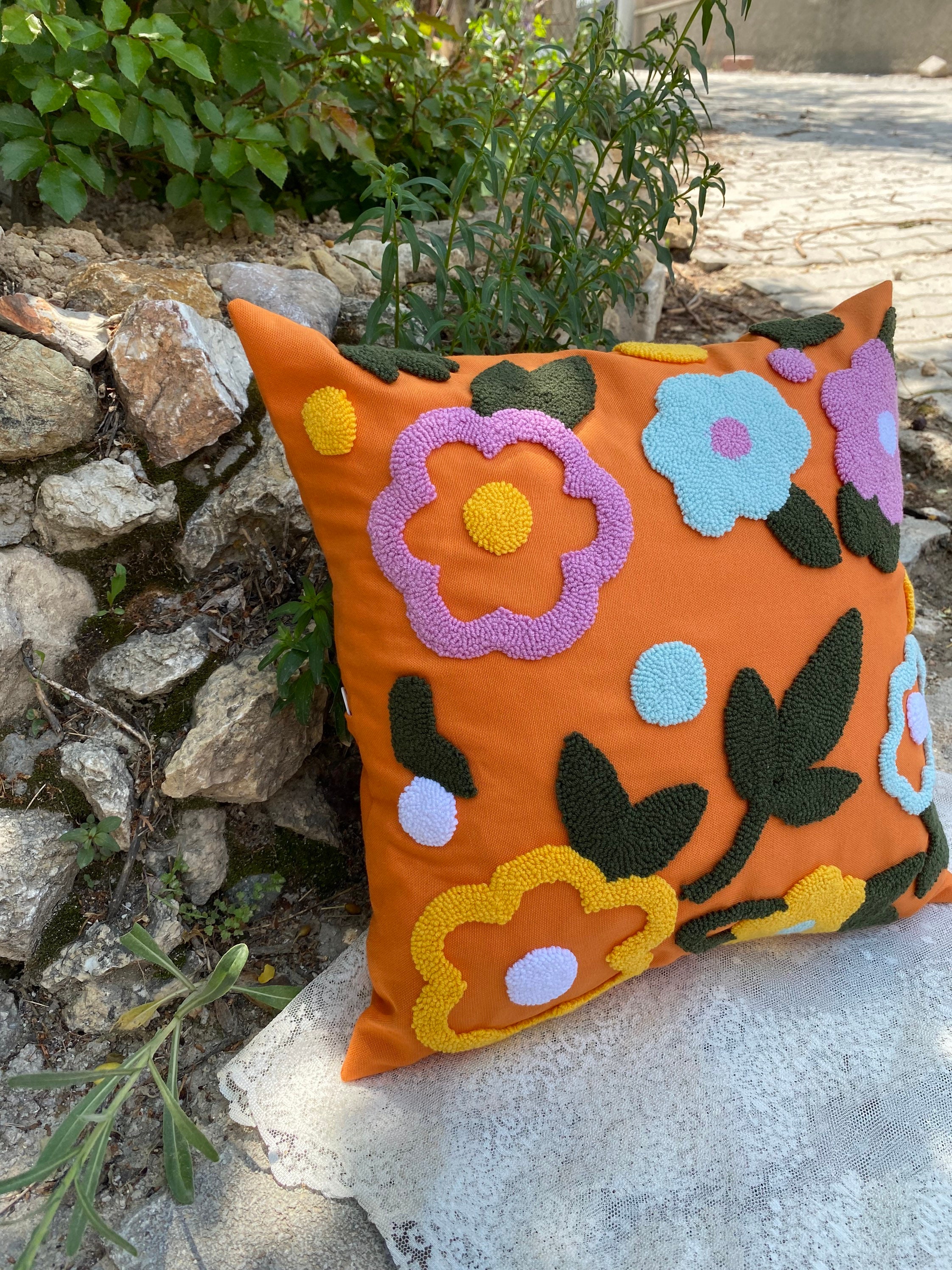 Punch Flower Pillow, Unique Embroidered Cushion Cover, Floral Punch Pillow, Home Gift, Tufted Punch Needle Pillow, Punch Needle Pillowcase