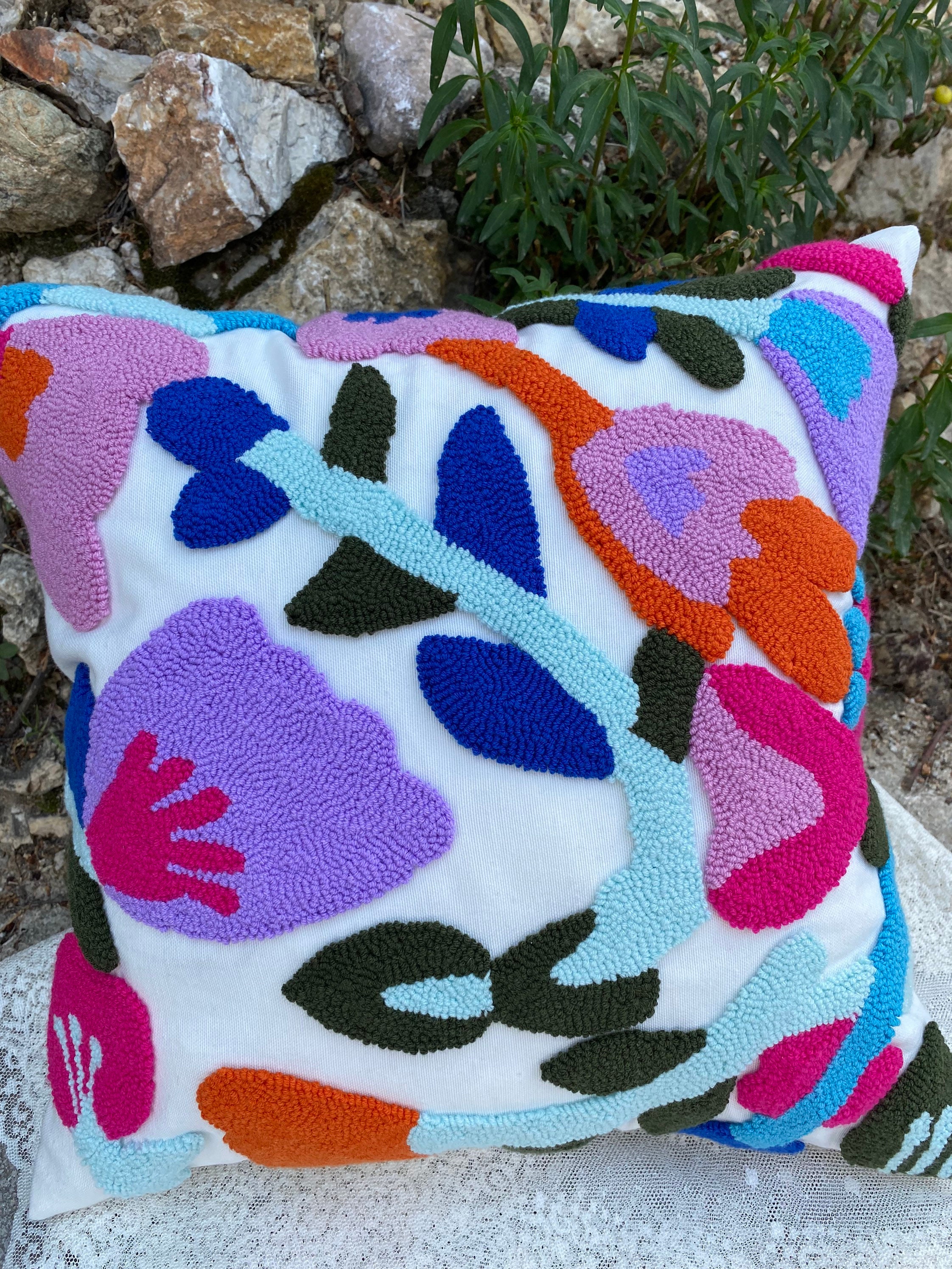 Punch Needle Pillow, Flower Pillow Cover, Pillow Case, Luxury Home Decor, Decorative Pillows, Handmade Unique Embroidered Cushion Cover