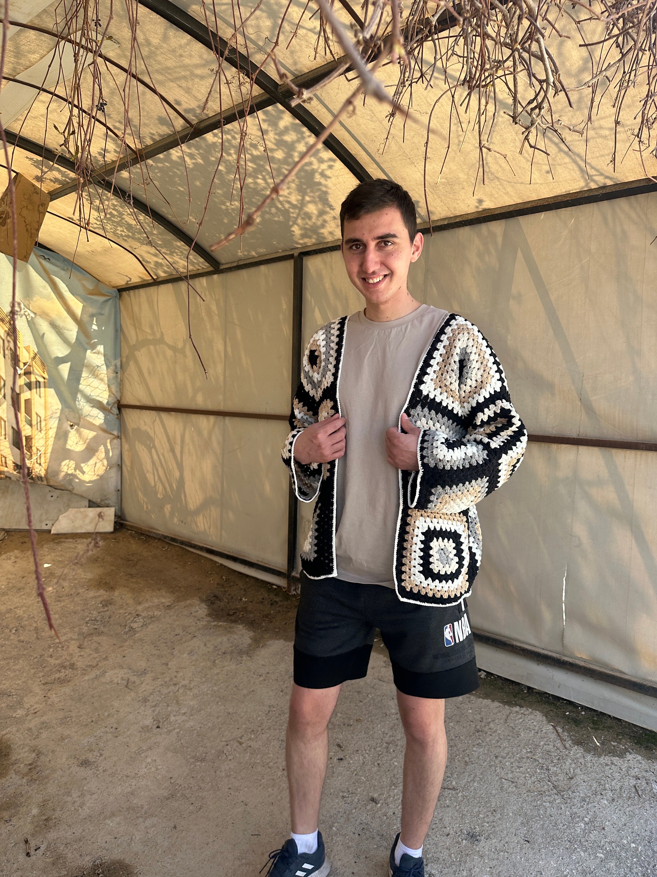 Ready To Ship - Black Crochet Coat, Granny Square Jacket, Afghan Crochet Cardigan, Vintage Knit M... — photo 4 of 10