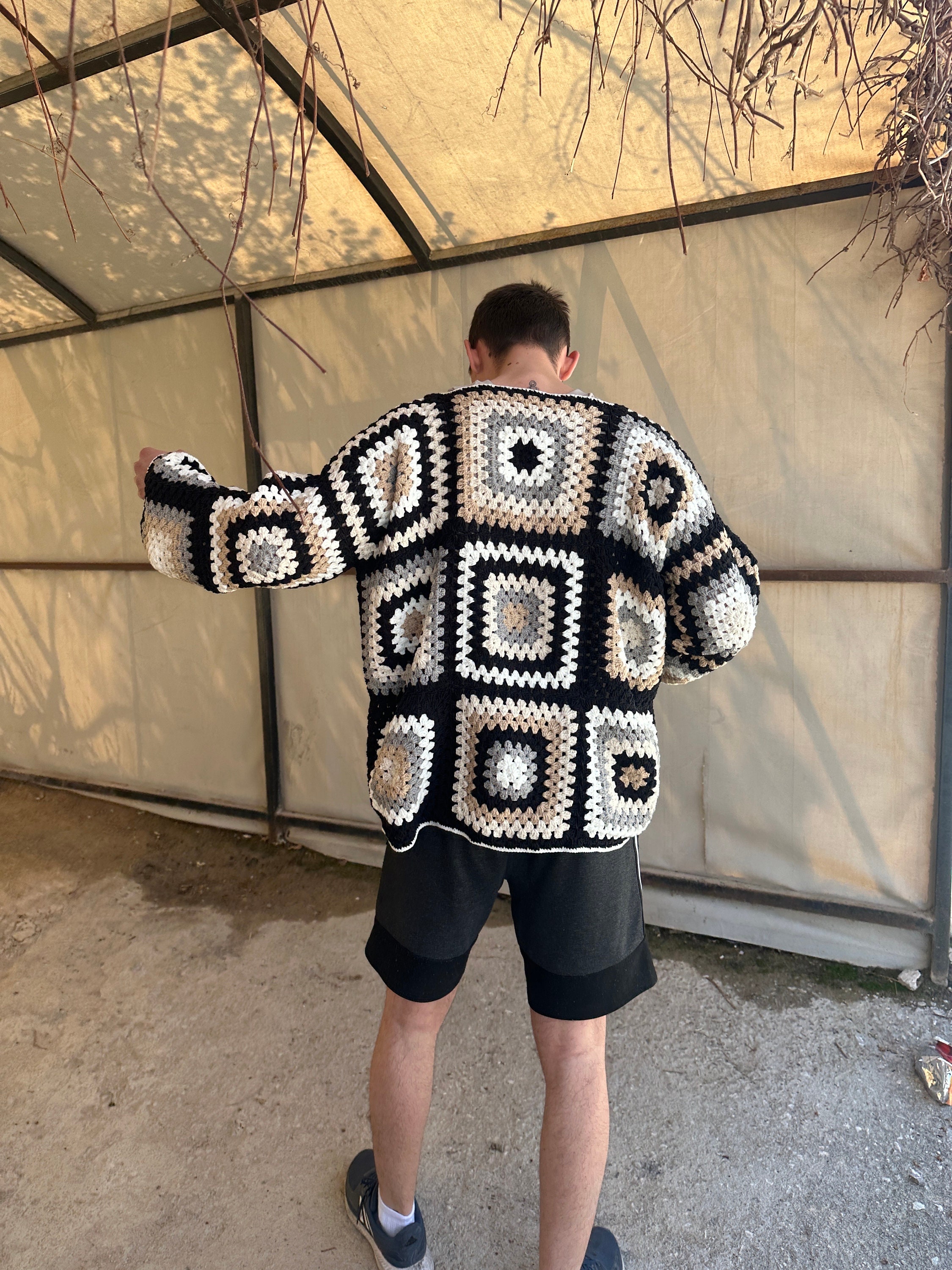 Ready To Ship - Black Crochet Coat, Granny Square Jacket, Afghan Crochet Cardigan, Vintage Knit M... — photo 7 of 10