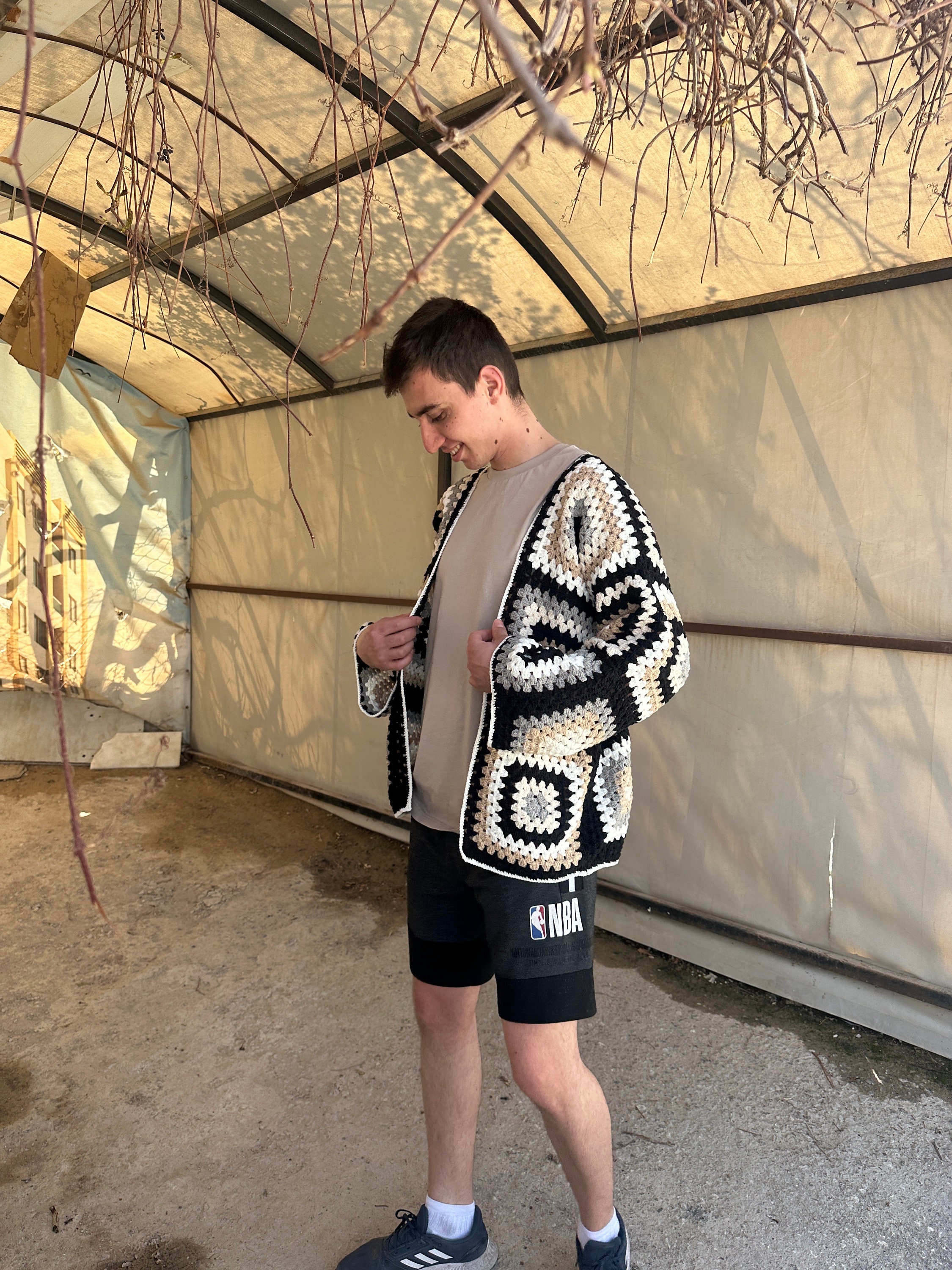 Ready To Ship - Black Crochet Coat, Granny Square Jacket, Afghan Crochet Cardigan, Vintage Knit Men Sweater, Boho Style, Oversize Sweater