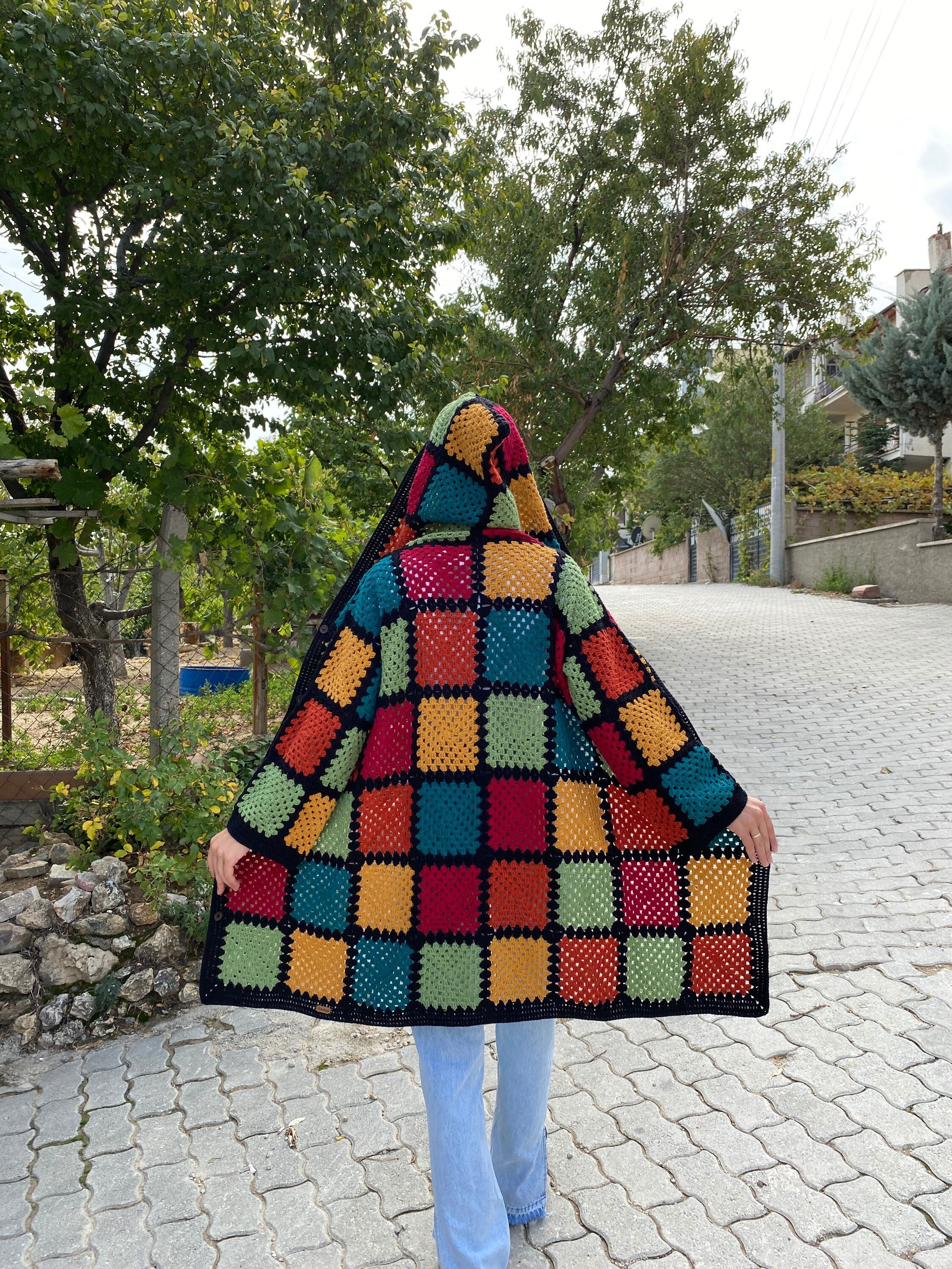 Ready To Ship - Crochet Hooded Cardigan, Granny Square Afghan Cardigan, Boho Patchwork Jacket, Cr... — photo 7 of 10