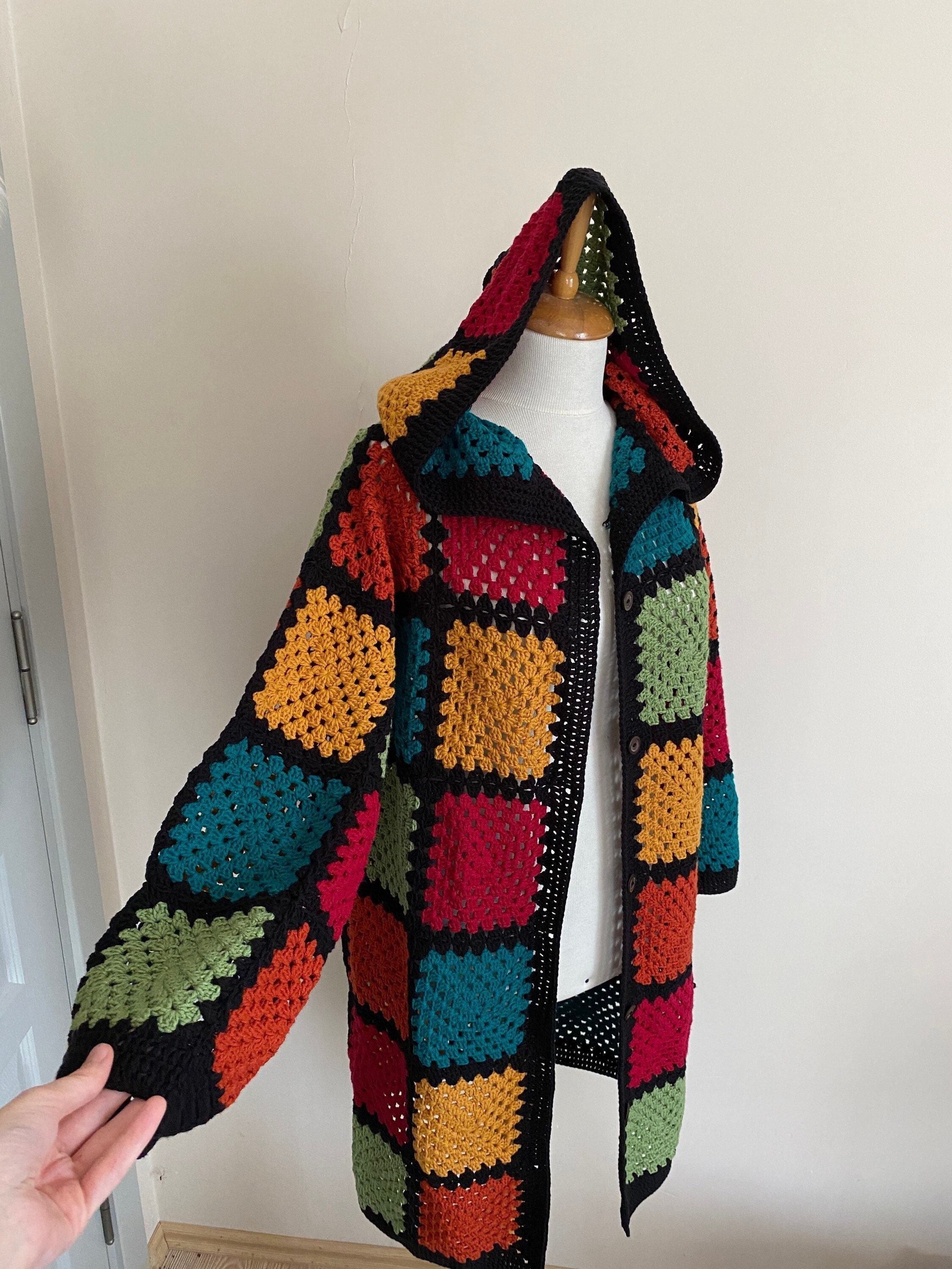 Ready To Ship - Crochet Hooded Cardigan, Granny Square Afghan Cardigan, Boho Patchwork Jacket, Crochet Coat, Long Oversized Sweater