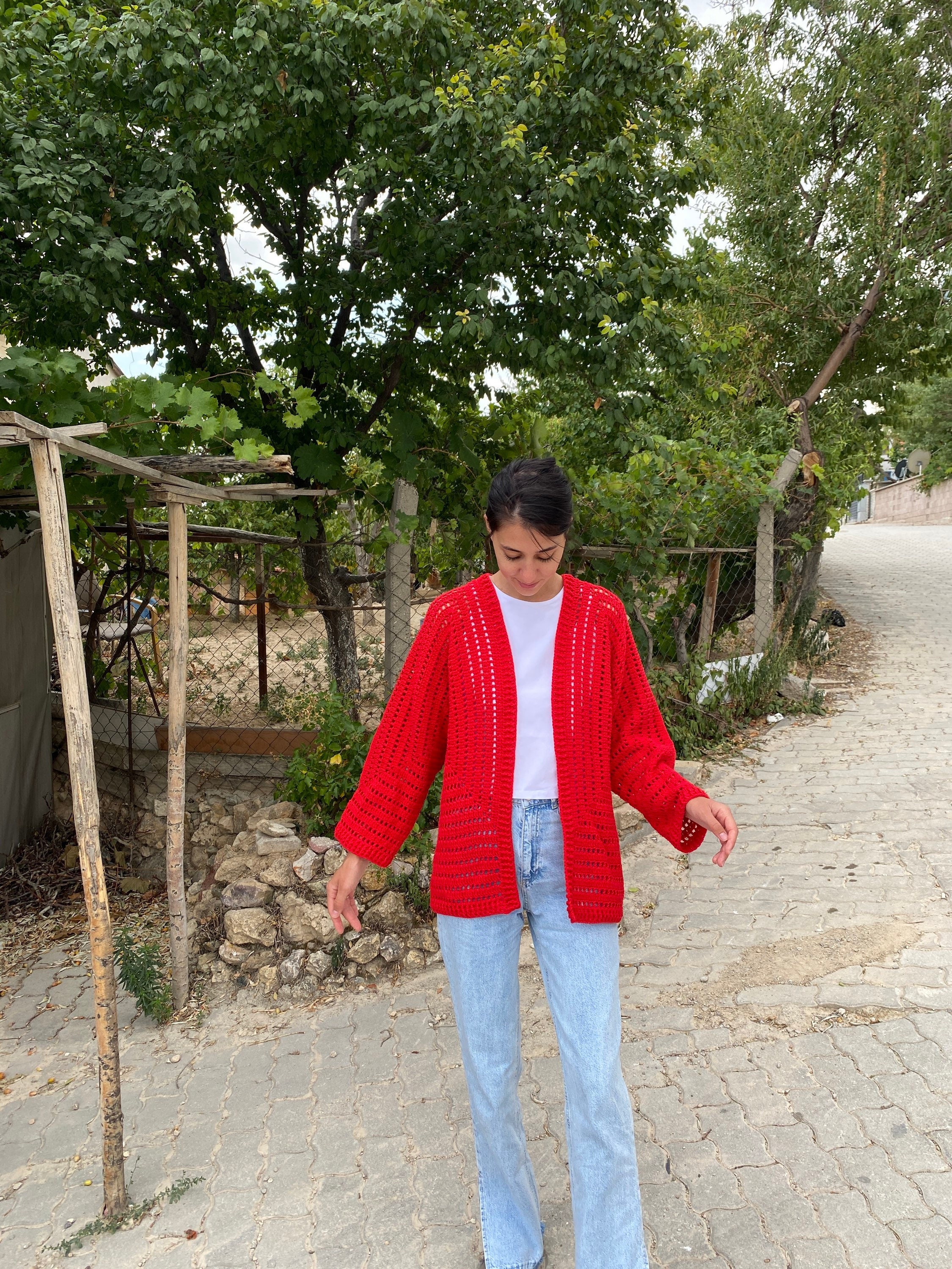 Ready To Ship - Crocheted Red Cardigan, Cotton Crochet Vintage Cardigan, Unique Cardigan, Afghan Cardigan, Womans Coat, Boho Crochet Coat